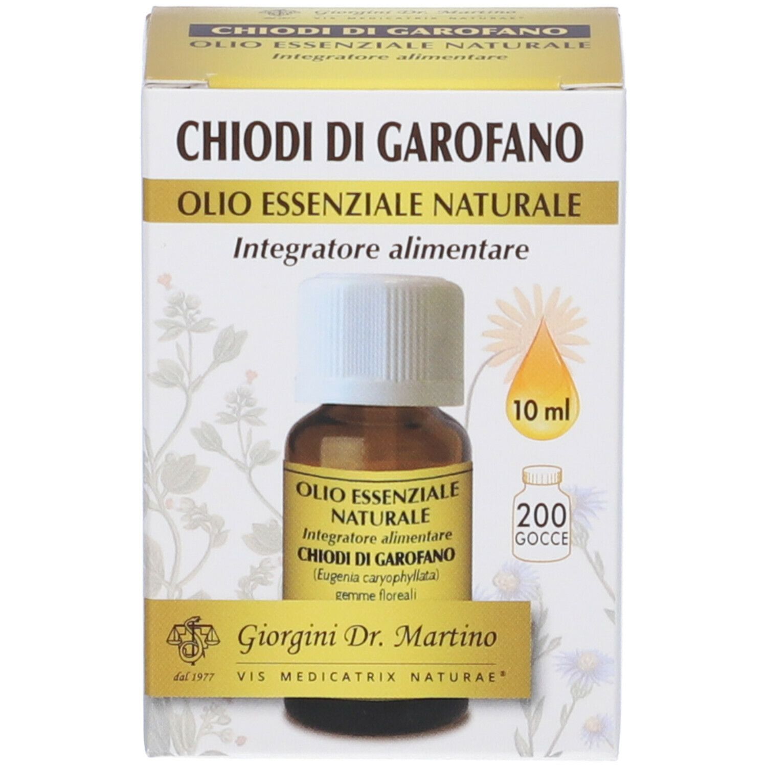 Flacone di vetro marrone con tappo bianco e confezione. Scritta: Chiodi di Garofano, Olio Essenziale Naturale. Volume: 10 ml.