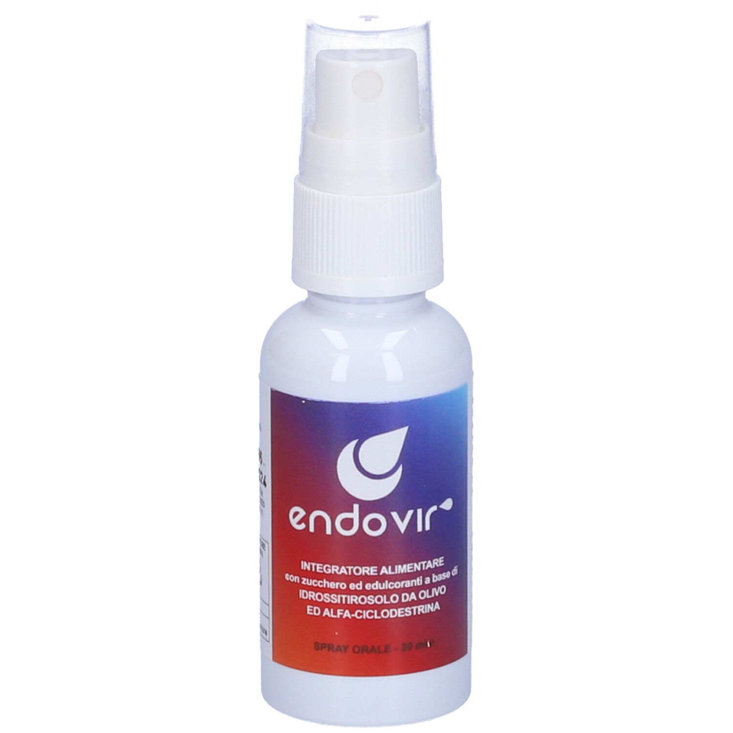 Flacone spray bianco con etichetta. Scritta: Endovir Spray Orale 20 ml. Logo e testo in italiano.