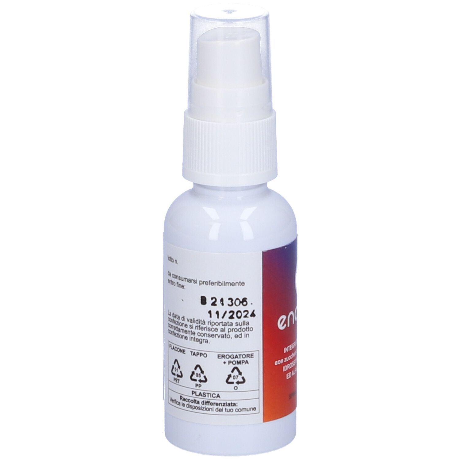 Flacone spray bianco con etichetta. Scritta: Endovir Spray Orale 20 ml. Testo in italiano. Data di scadenza.