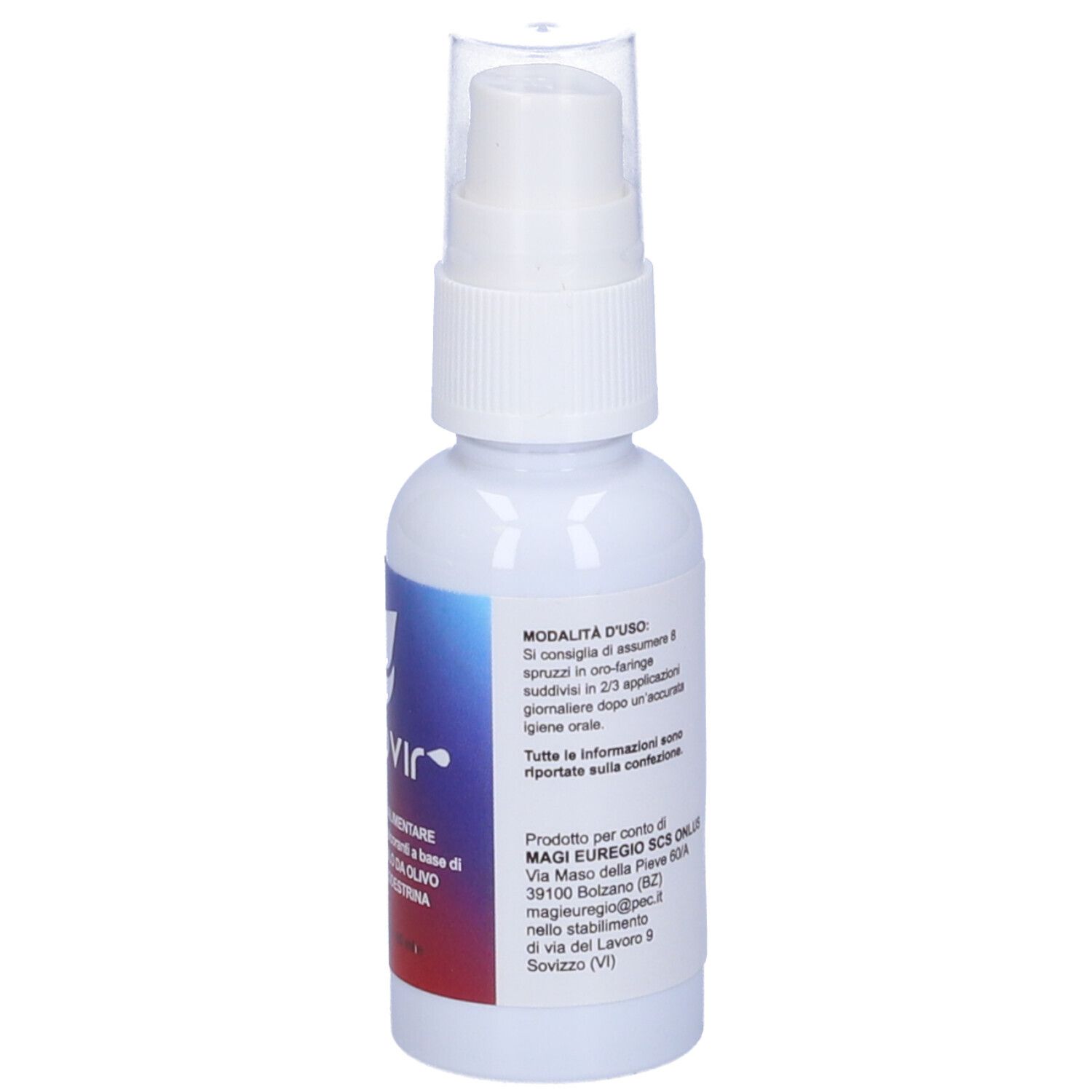 Flacone spray bianco con etichetta. Scritta: Endovir Spray Orale 20 ml. Testo in italiano. Istruzioni per l'uso.