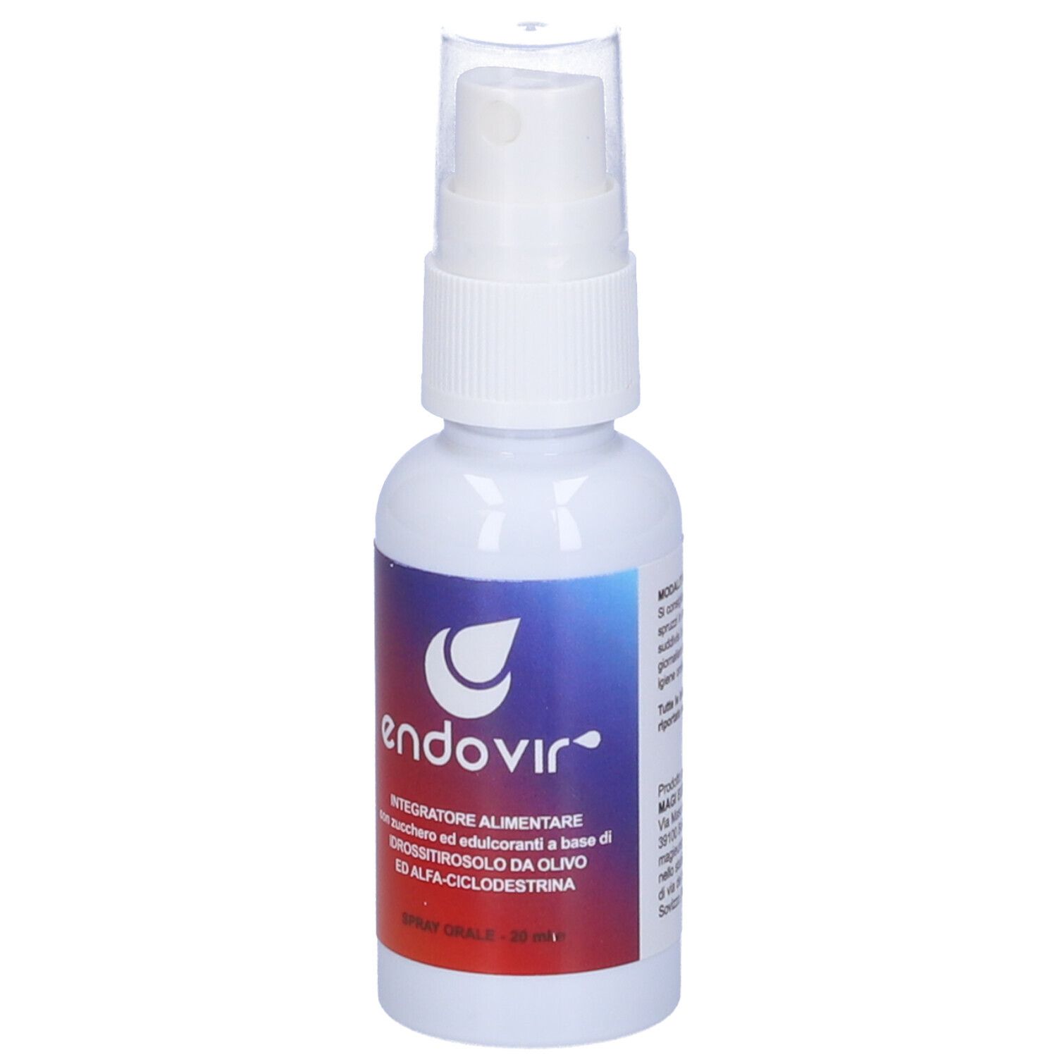 Flacone spray bianco con etichetta. Scritta: Endovir Spray Orale 20 ml. Logo e testo in italiano.