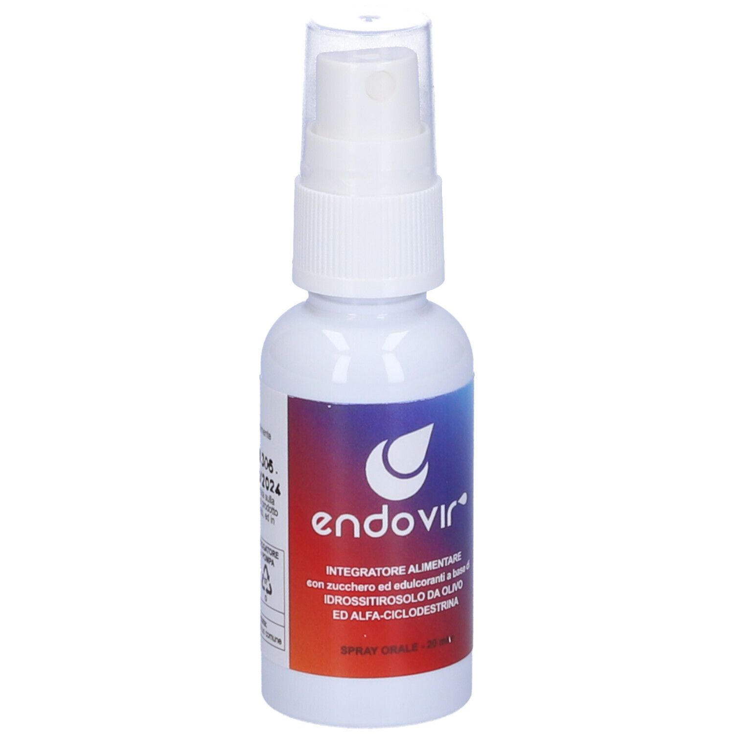 Flacone spray bianco con etichetta. Scritta: Endovir Spray Orale 20 ml. Testo in italiano.