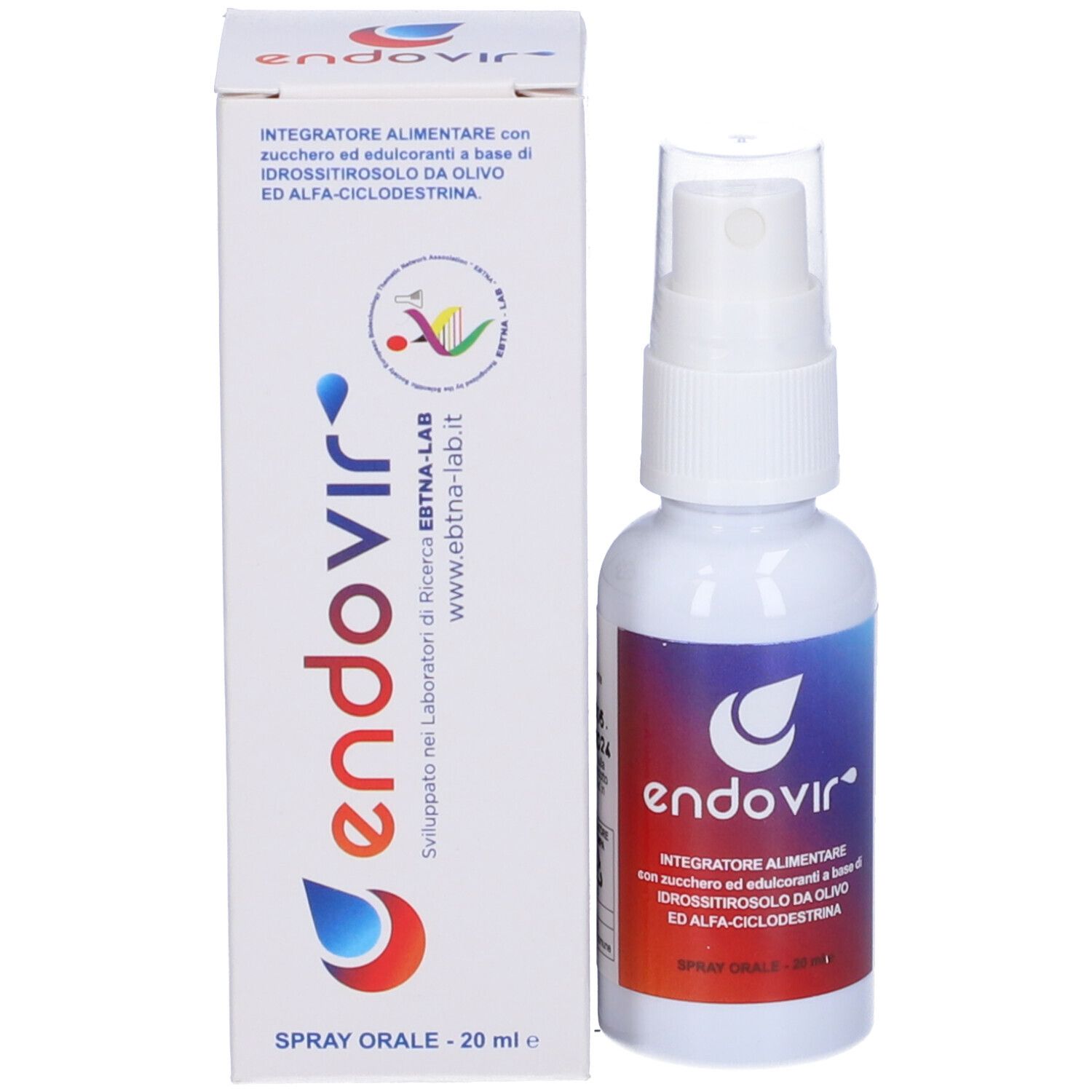 Flacone spray bianco con etichetta e confezione. Scritta: Endovir Spray Orale 20 ml. Logo e testo in italiano.