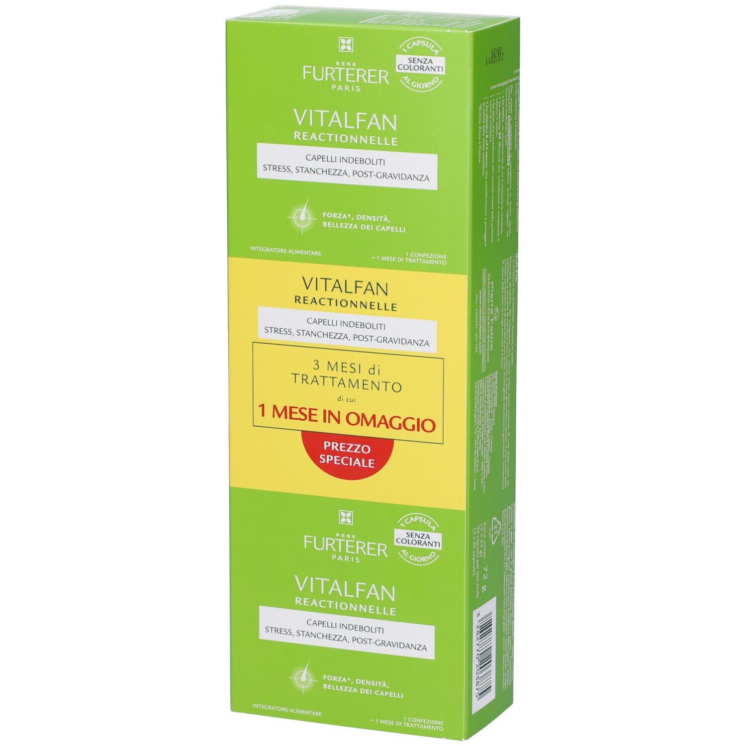 Confezione verde alta. Scritta: VITALFAN REACTIONNELLE. Sezione gialla con testo. 3 mesi di trattamento + 1 mese in omaggio.