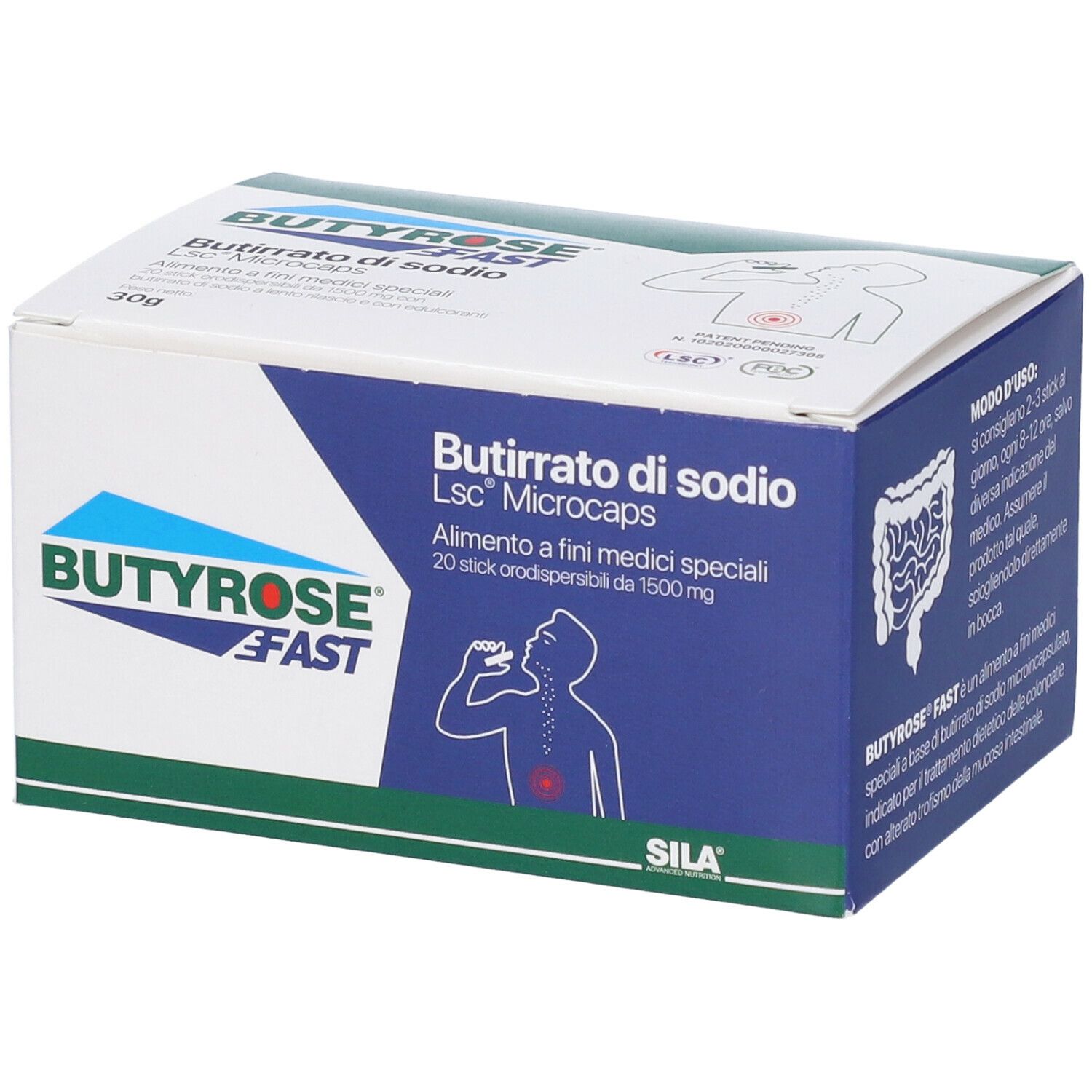 Scatola Butyrose FAST, scritta e logo. Contiene 20 stick. Scritto: Butirrato di sodio Lsc Microcaps.