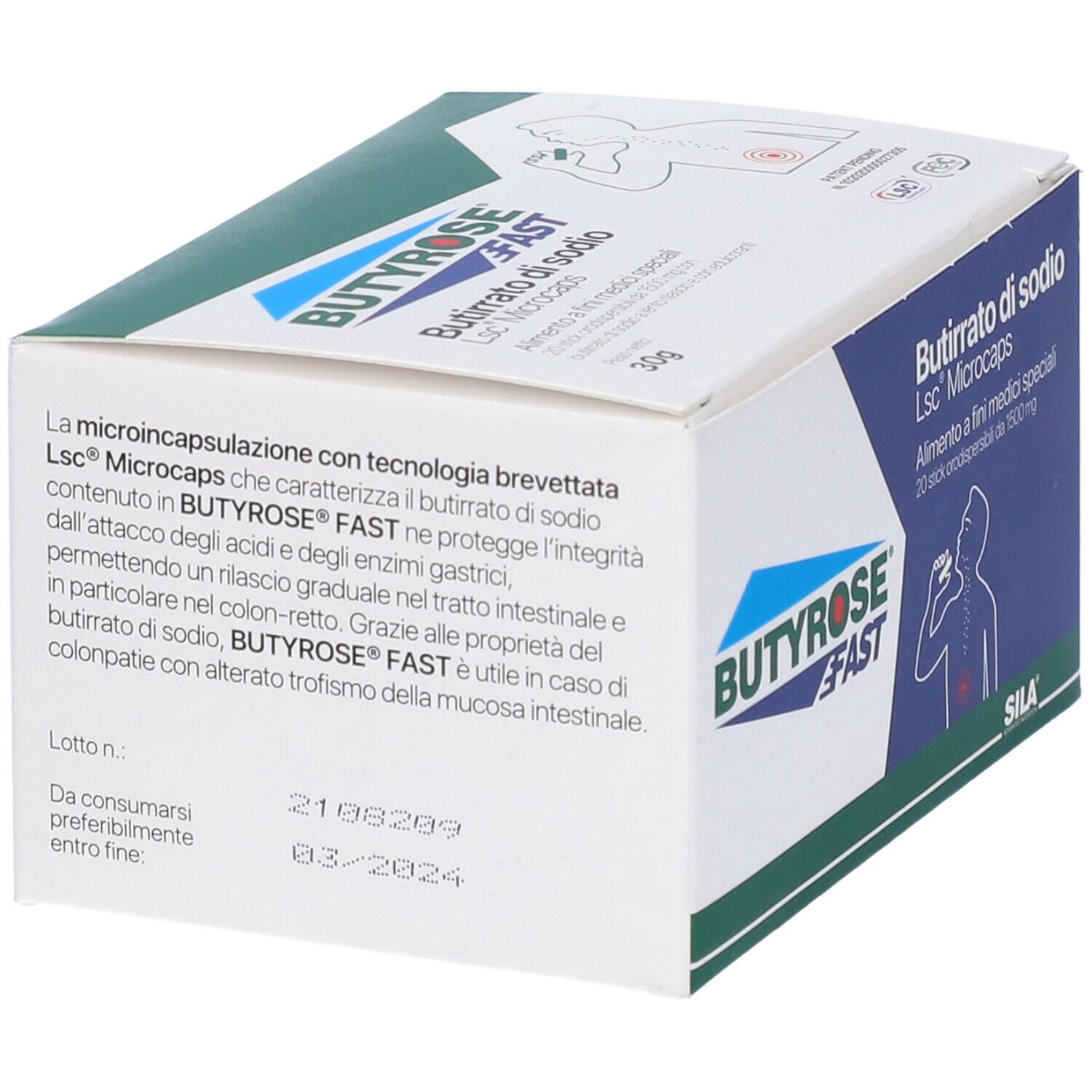 Scatola Butyrose FAST, vista laterale. Testo: Butirrato di sodio Lsc Microcaps. Scadenza: 03/2024.