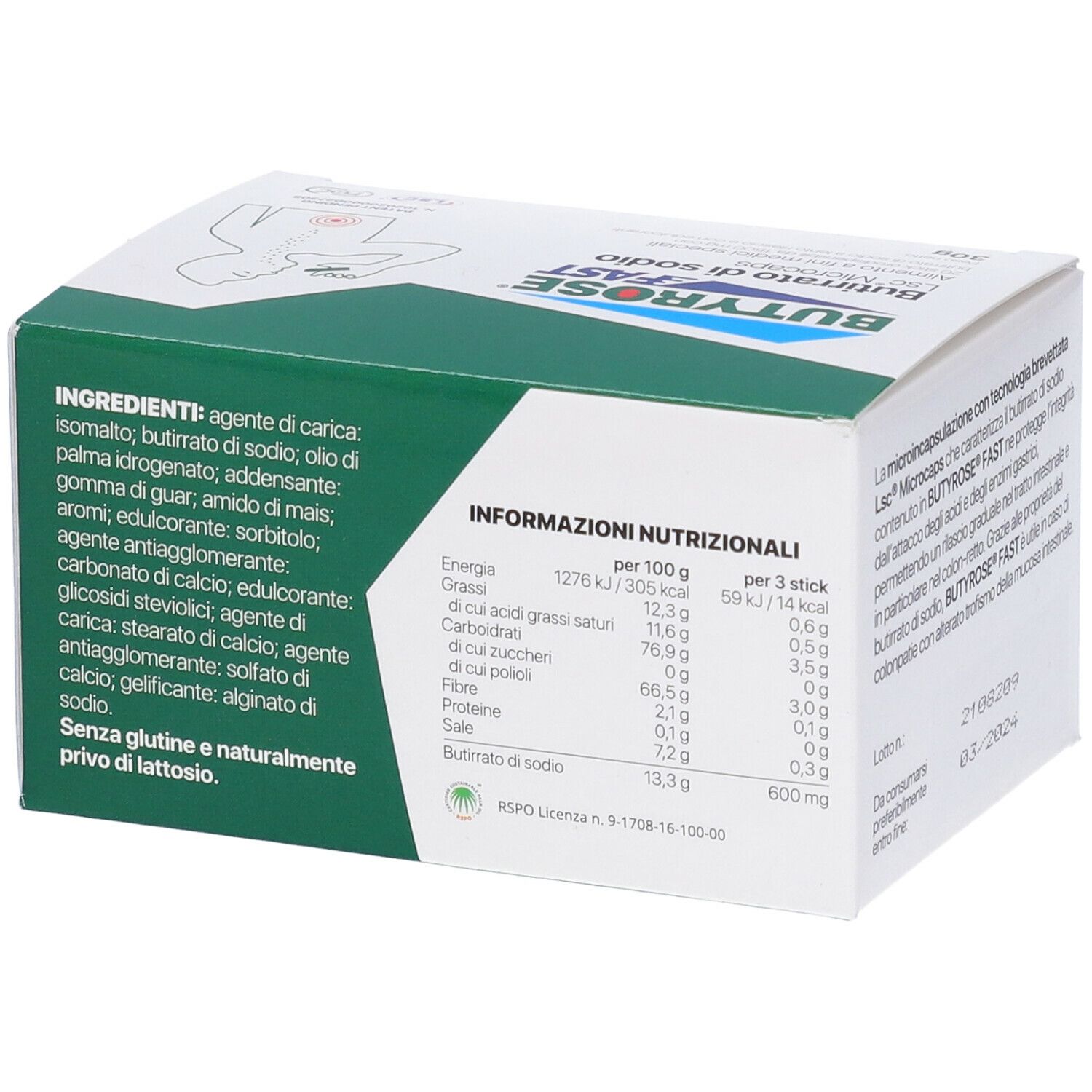 Scatola Butyrose FAST, retro. Elenco ingredienti e informazioni nutrizionali. Senza glutine e senza lattosio.