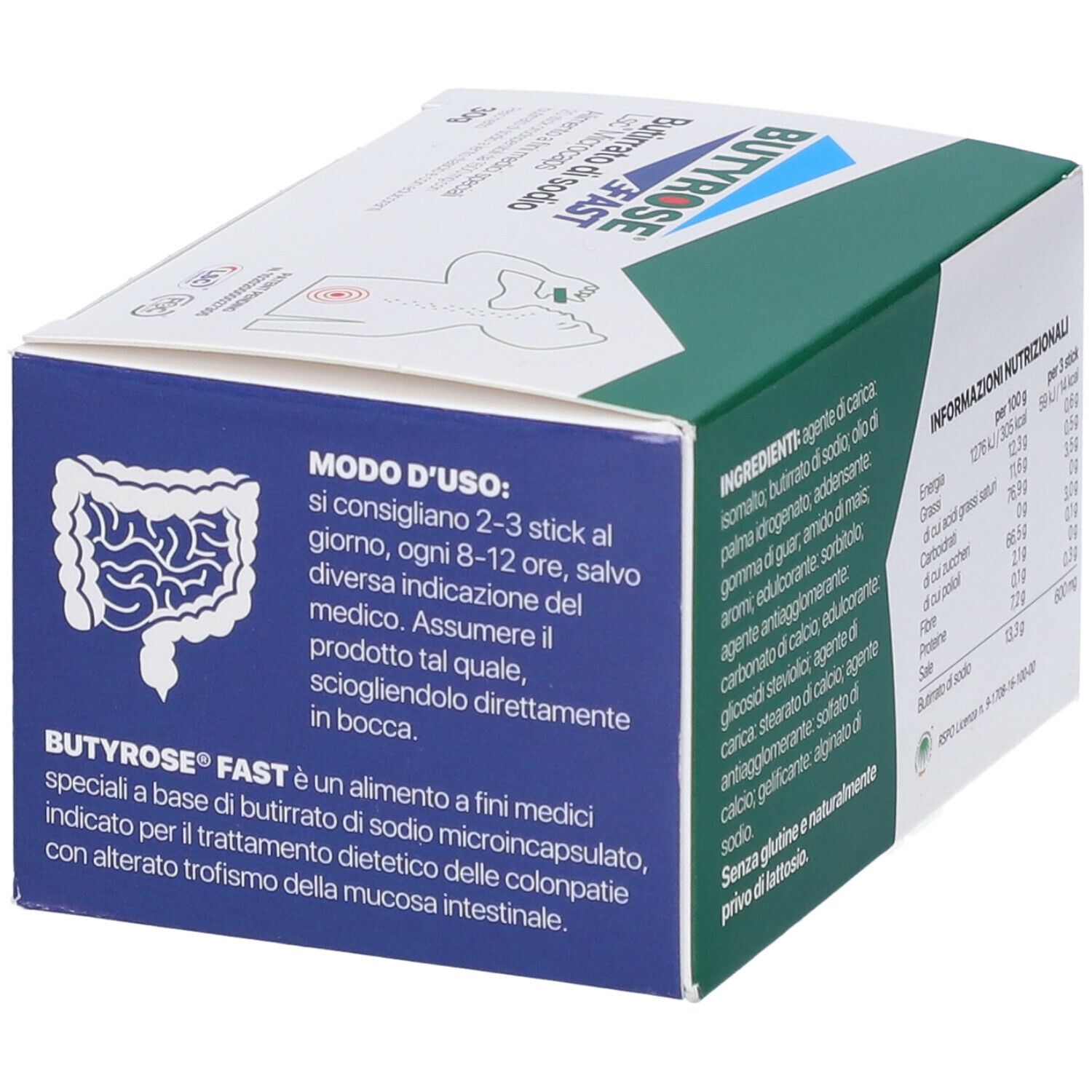 Scatola Butyrose FAST, retro. Istruzioni per l'uso e testo. Senza glutine e senza lattosio.
