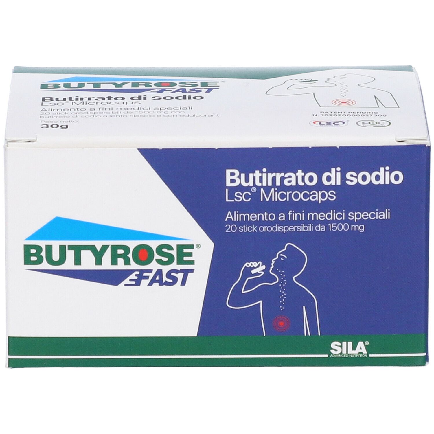 Scatola Butyrose FAST, vista frontale. Logo e scritta. Contiene 20 stick. Scritto: Butirrato di sodio Lsc Microcaps.