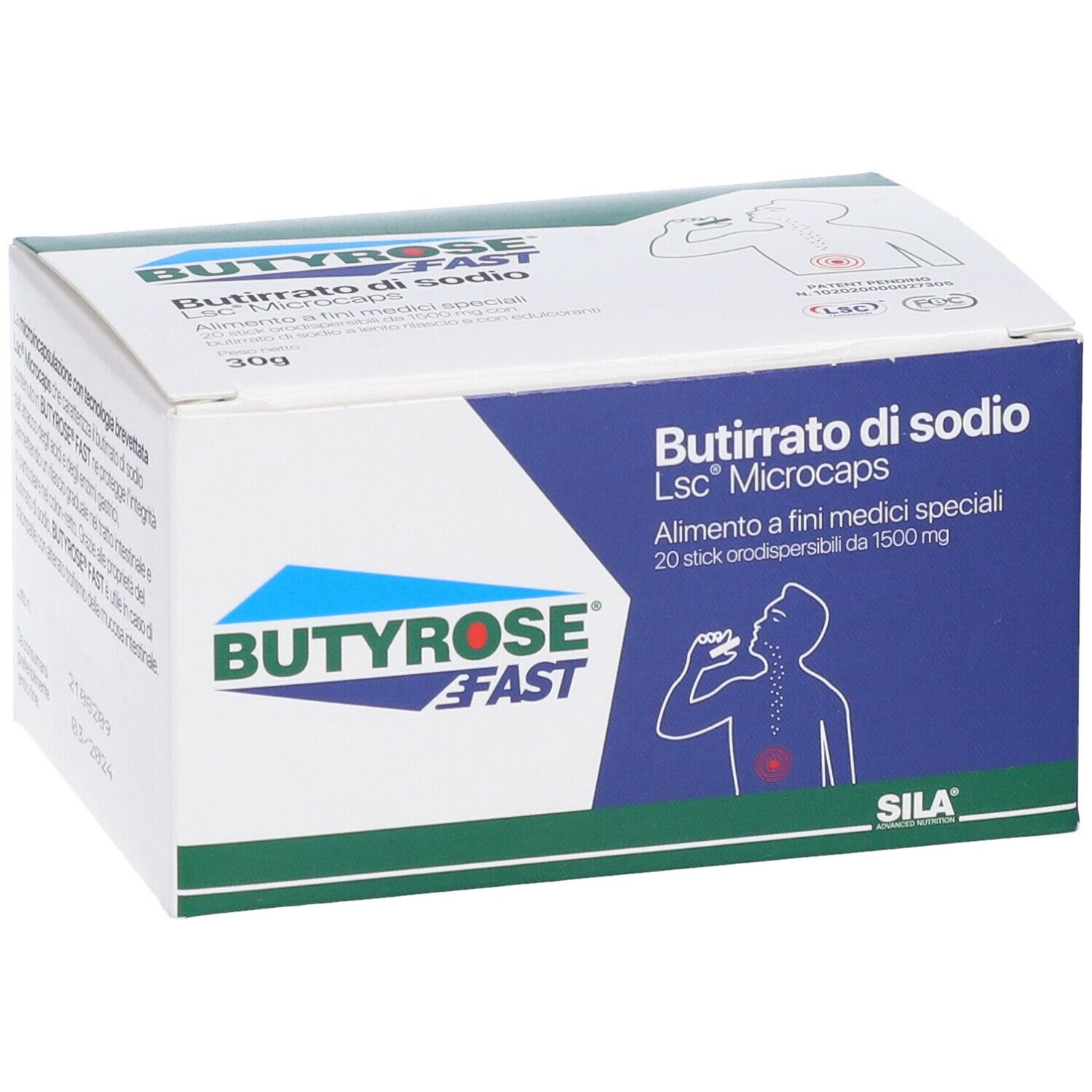 Scatola Butyrose FAST, vista frontale. Logo e scritta. Contiene 20 stick. Scritto: Butirrato di sodio Lsc Microcaps.