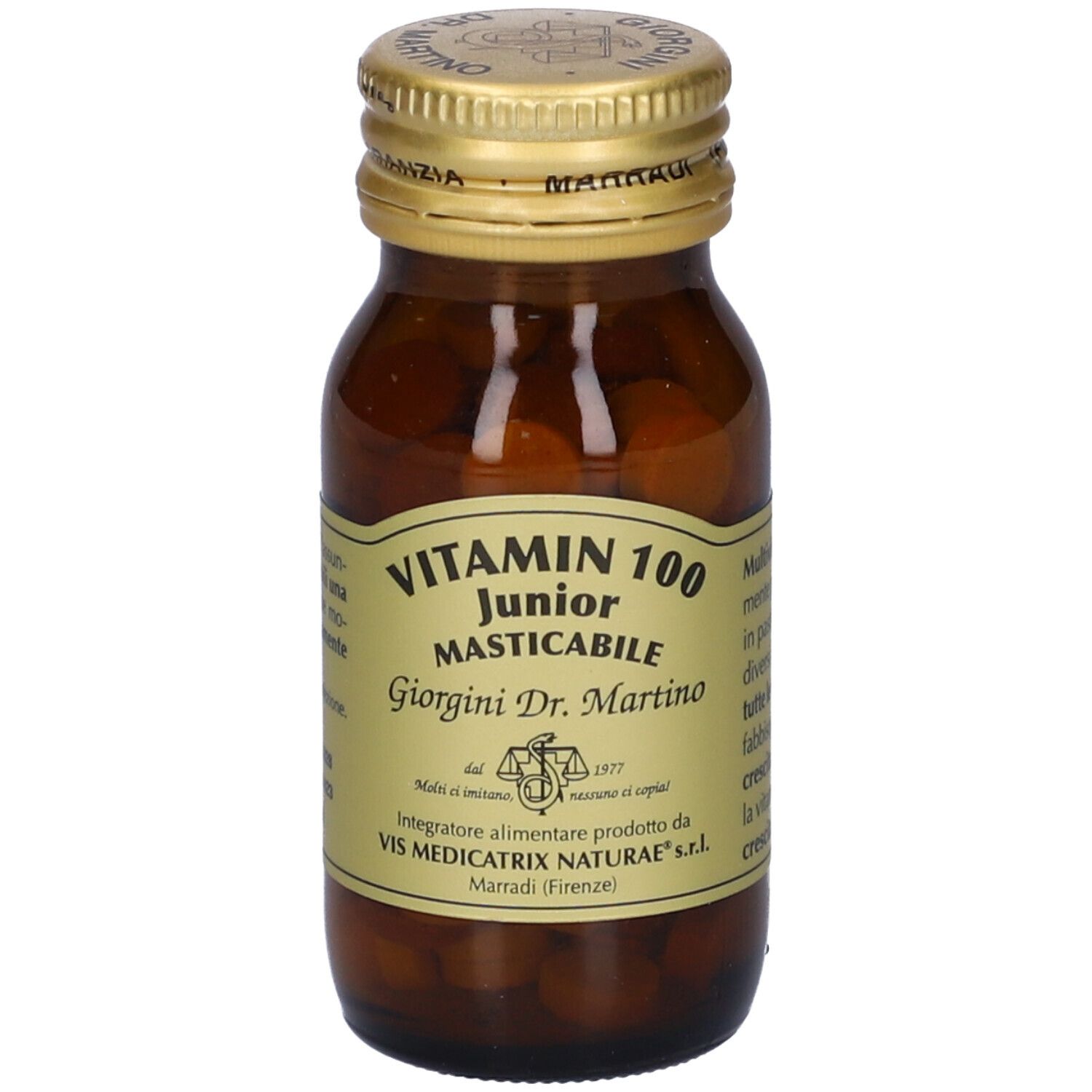 Flacone di vetro marrone con tappo dorato. Scritta: Vitamin 100 Junior, Dr. Martino. Contiene pastiglie.
