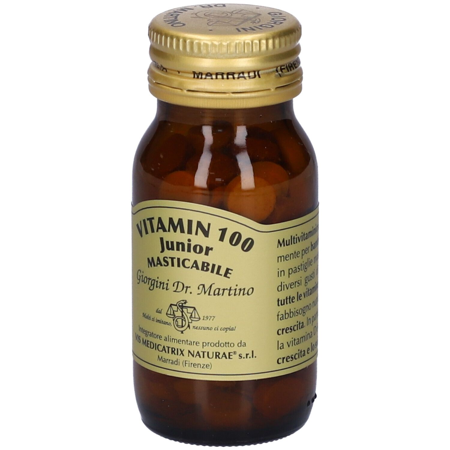 Flacone di vetro marrone con tappo dorato. Scritta: Vitamin 100 Junior, Dr. Martino. Contiene pastiglie.