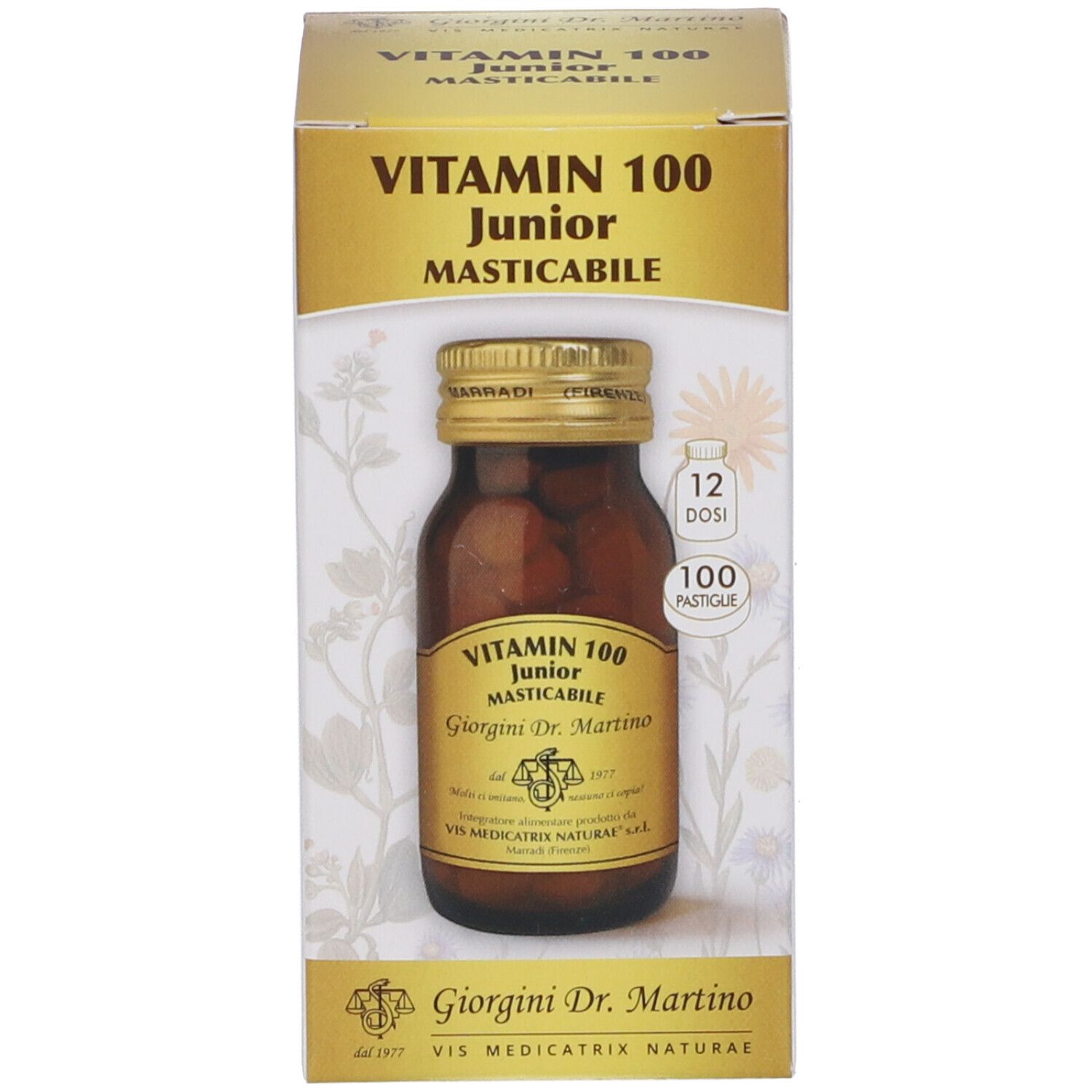 Prodotto e confezione. Scatola con flacone di vetro marrone. Scritta: Vitamin 100 Junior, 100 Pastiglie.