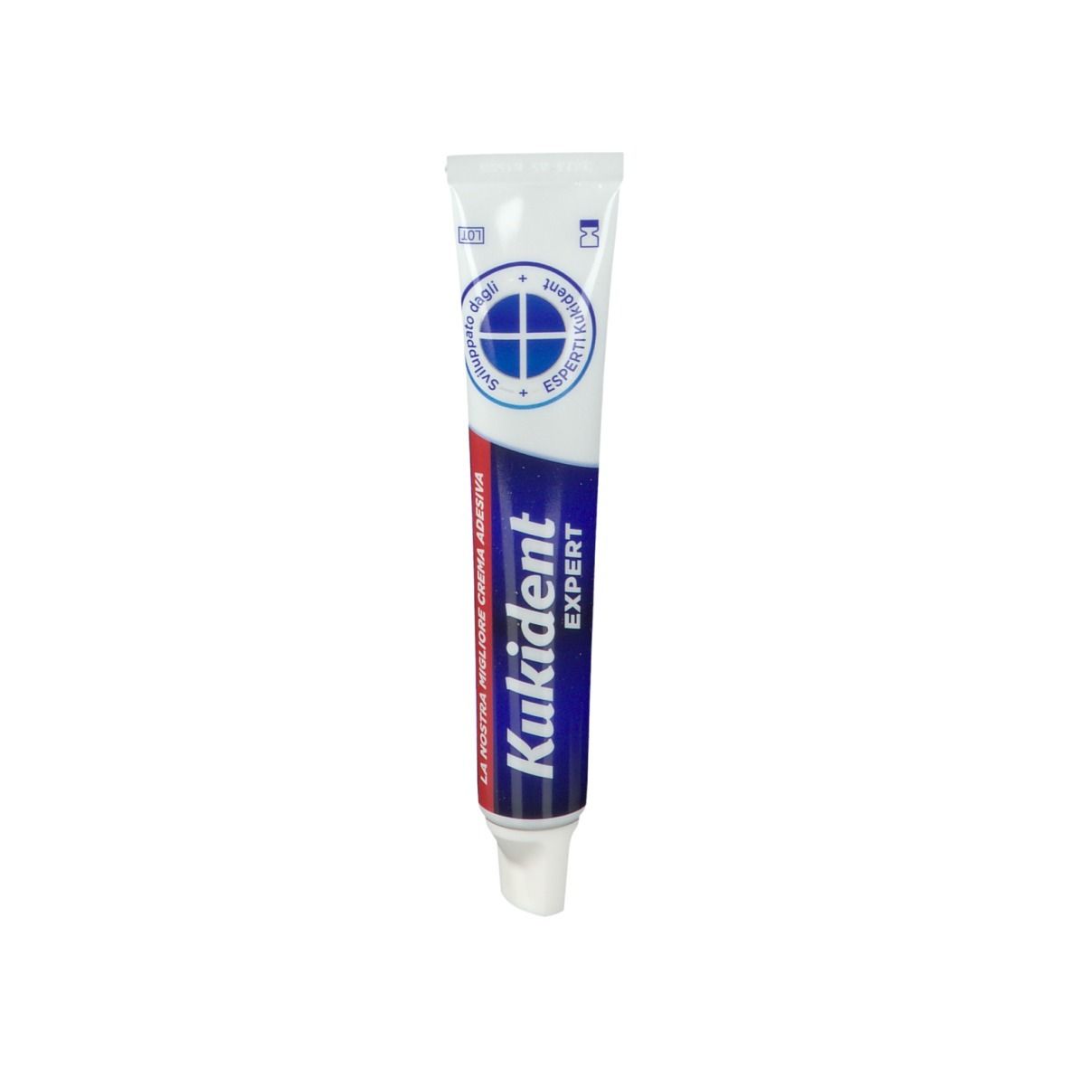 Tubo Kukident Expert. Tubo blu con testo bianco. Striscia rossa e bianca. Nome e logo visibili.