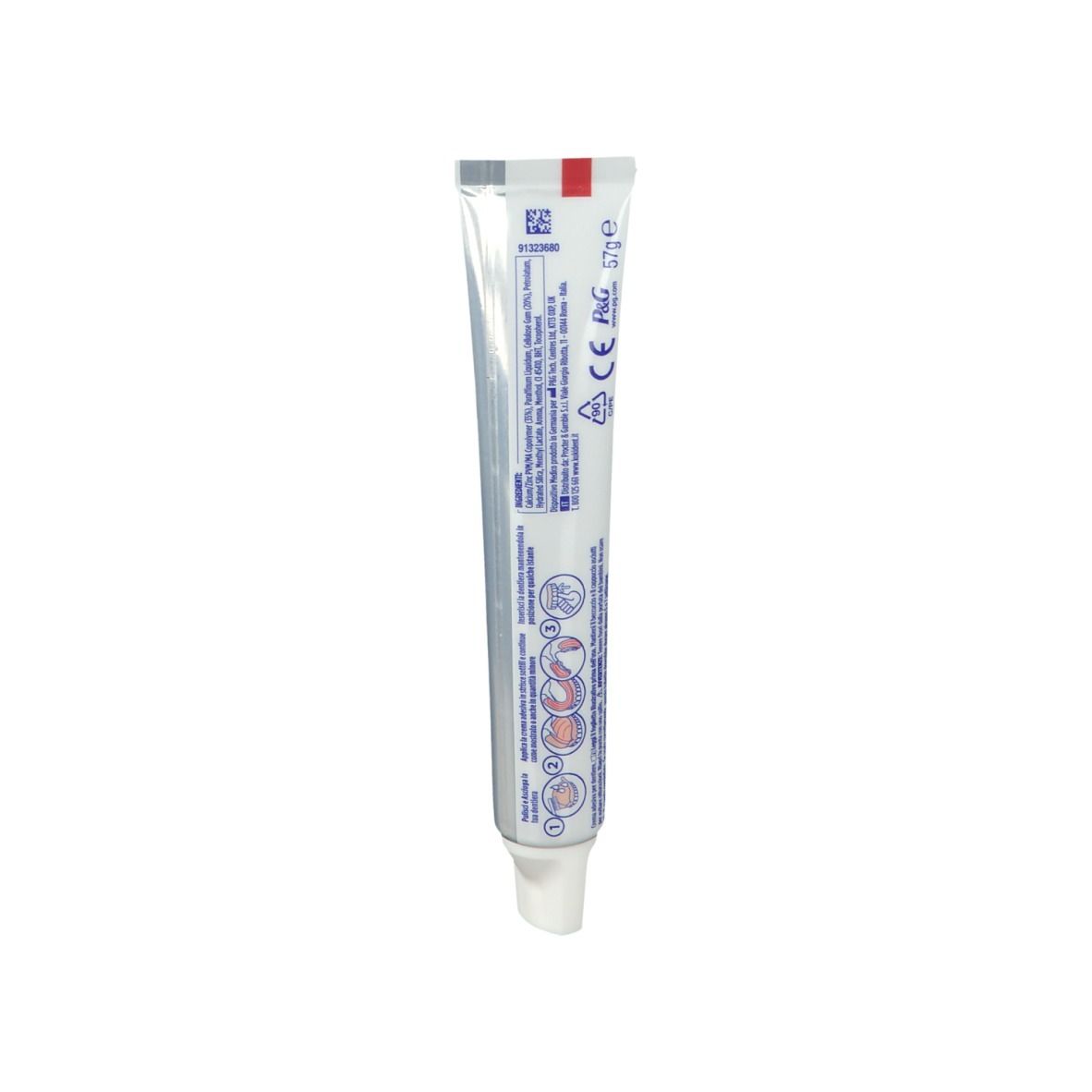 Retro del tubo Kukident Expert. Testo e simboli su sfondo bianco. Striscia rossa. Marchio CE.
