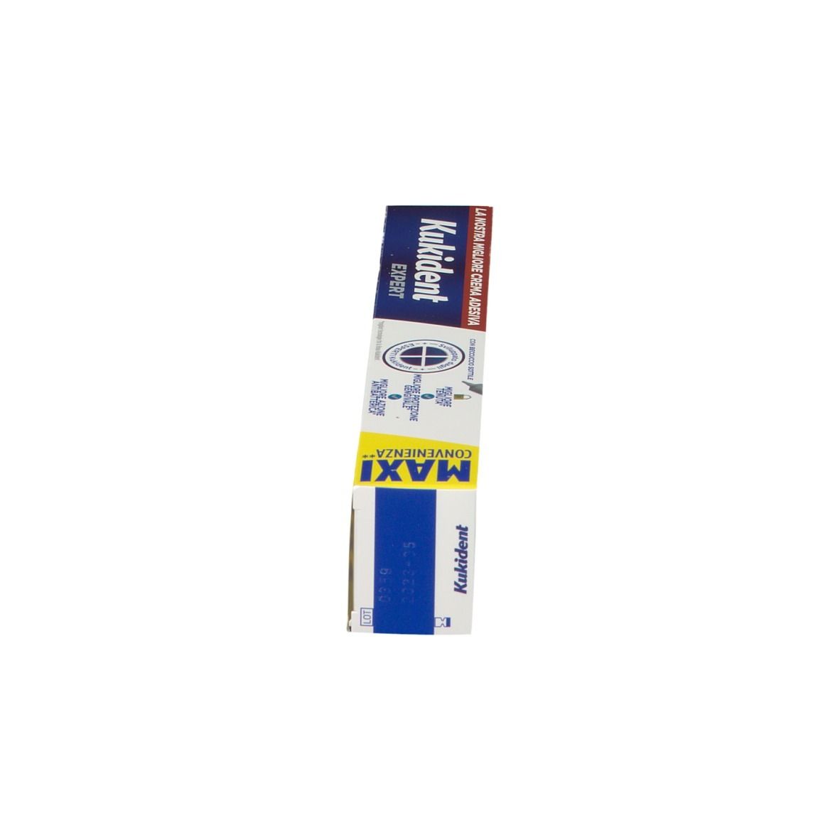 Confezione Kukident Expert. Confezione blu con testo bianco. Area gialla con informazioni sul prodotto.