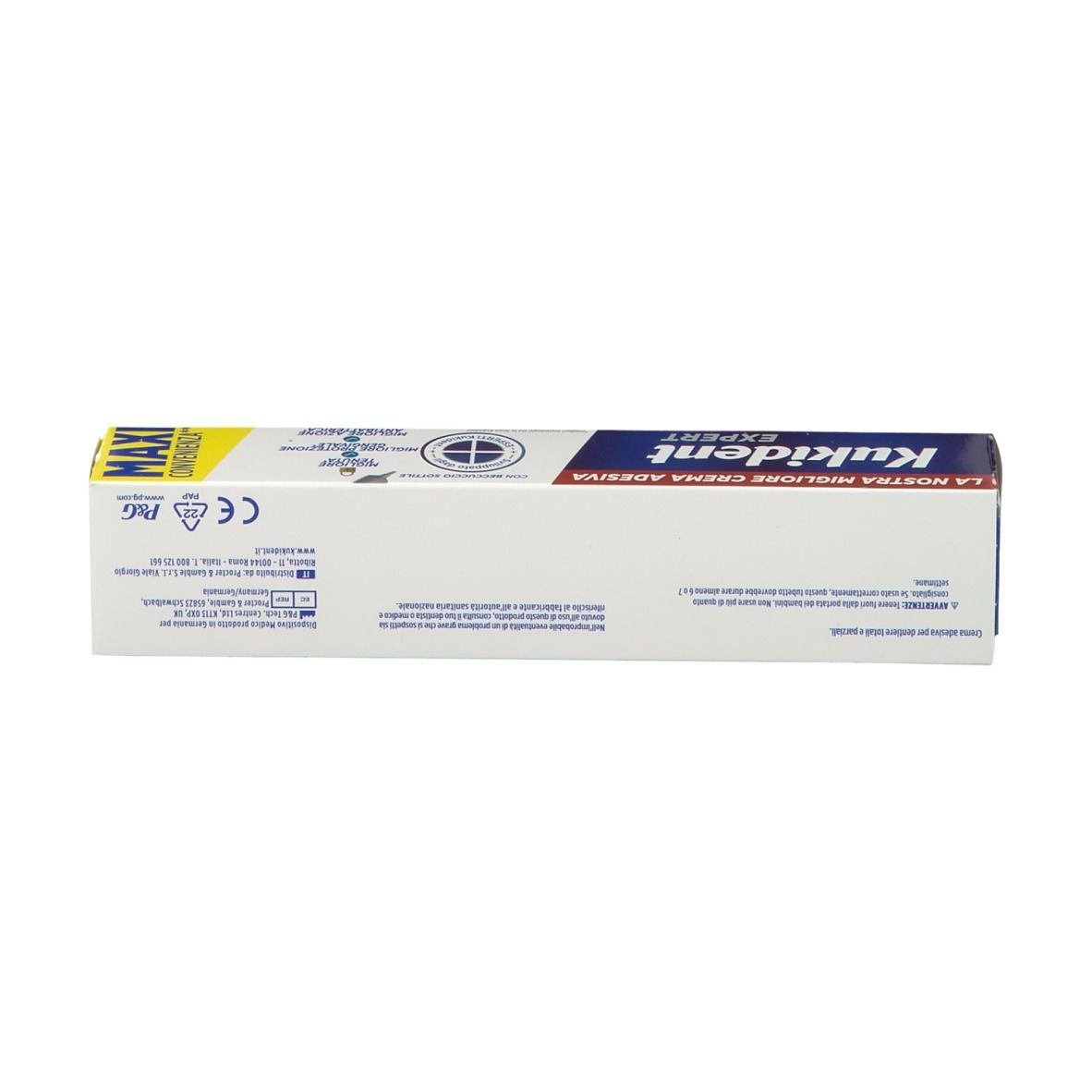 Confezione Kukident Expert. Confezione blu con testo bianco. Nome e logo del prodotto visibili.
