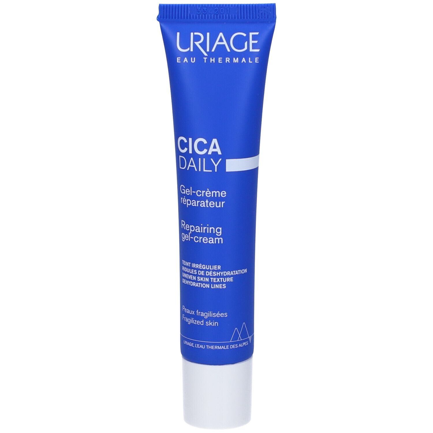 Tubo blu con tappo bianco. Scritta: URIAGE, CICA DAILY, Gel-crème réparateur, Repairing gel-cream.