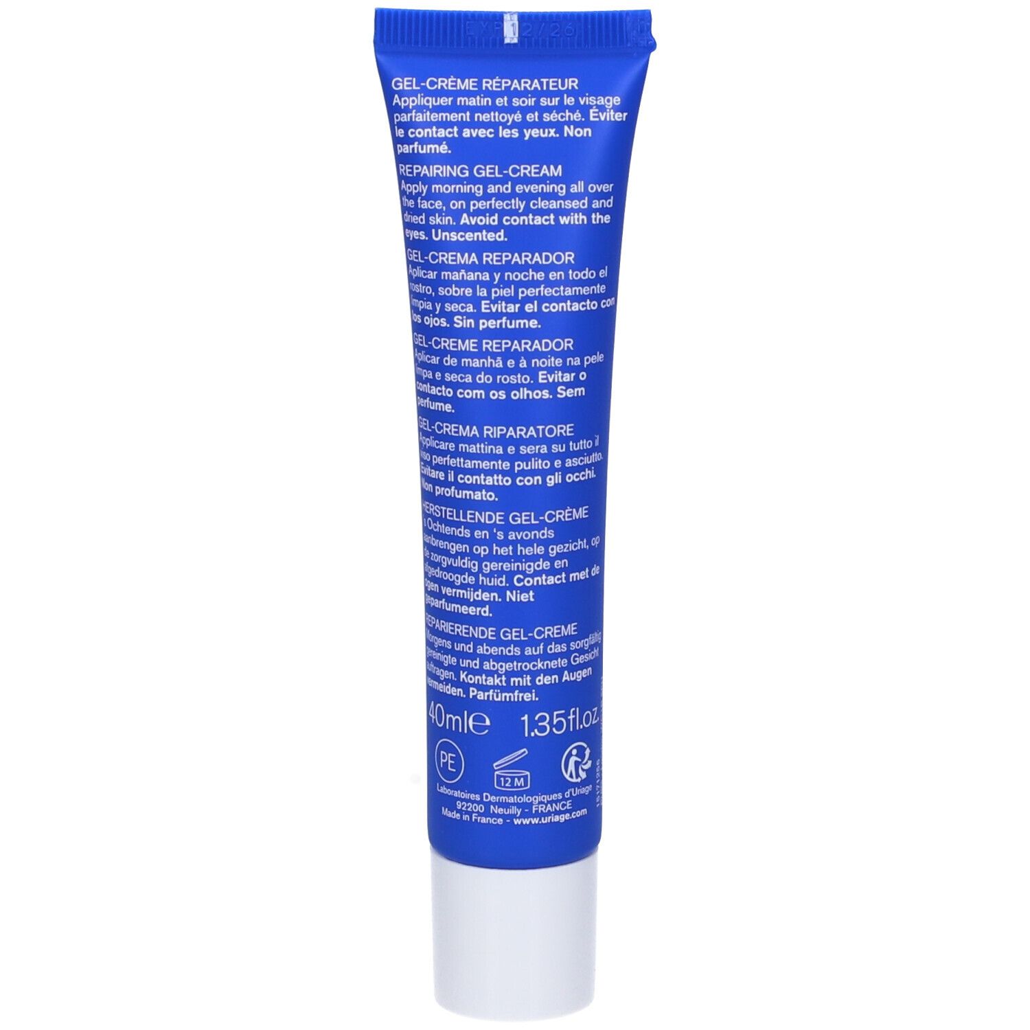 Retro del tubo blu. Testo in più lingue: Gel-crème réparateur, Repairing gel-cream, Crema reparadora.