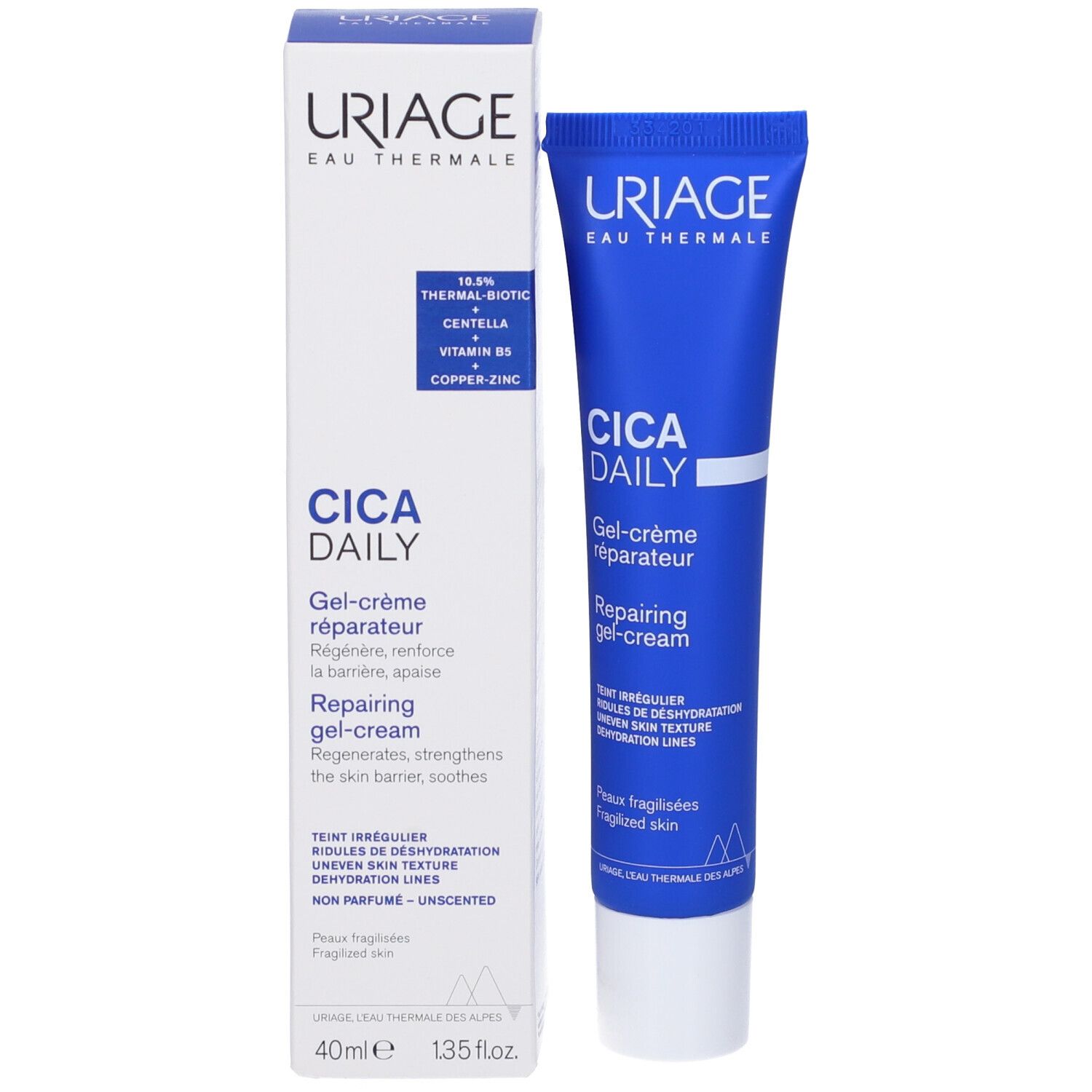 Confezione del prodotto: tubo e scatola. Testo: URIAGE, CICA DAILY, Gel-crème réparateur, Repairing gel-cream.
