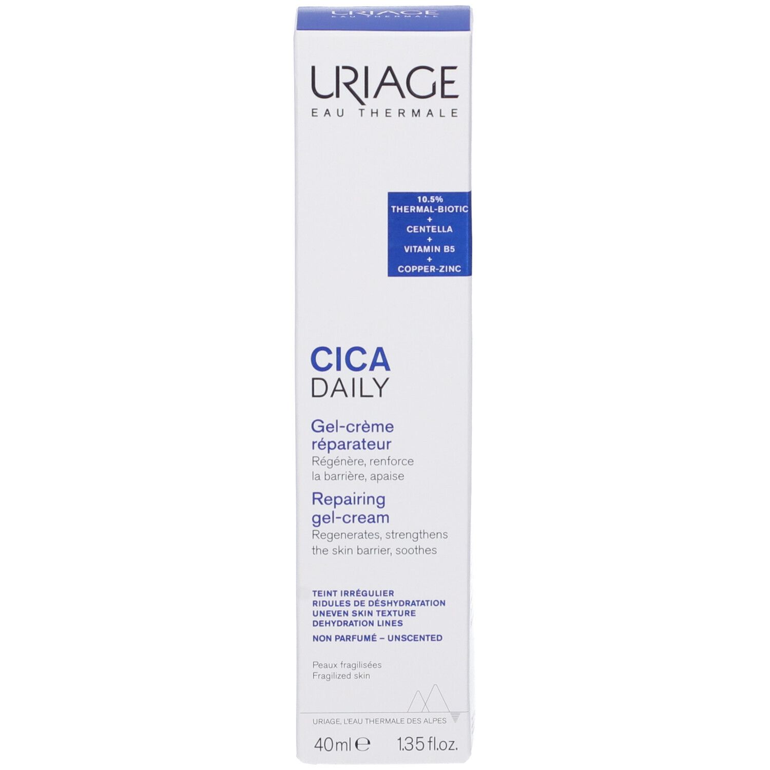 Scatola. Testo: URIAGE, CICA DAILY, Gel-crème réparateur, Repairing gel-cream.