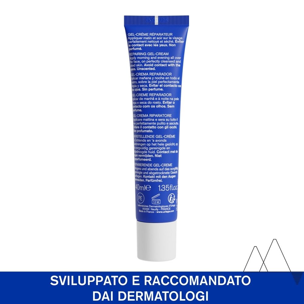 Retro del tubo blu. Testo in più lingue: Gel-crème réparateur, Repairing gel-cream, Crema reparadora.
