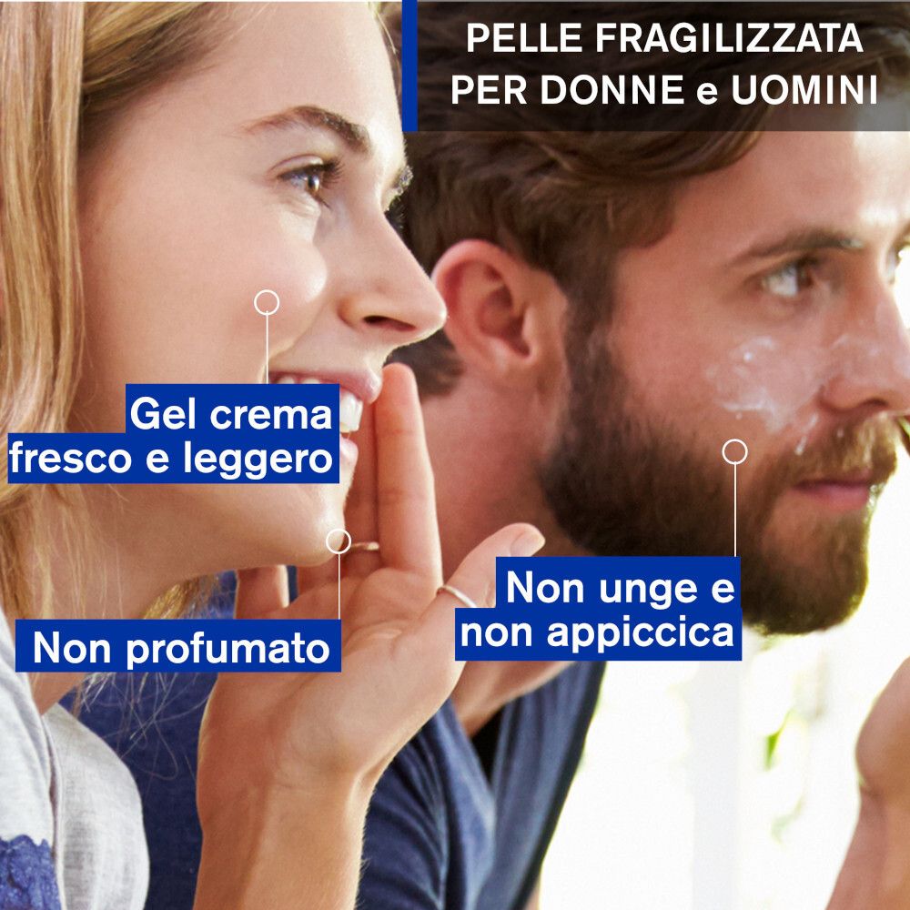 Due persone. Gel-crema applicato. Testo: Gel crema fresco e leggero, Non unge e non appiccica, Non profumato.