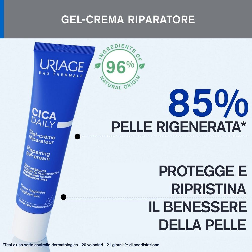 Tubo blu. Testo: URIAGE, CICA DAILY, Gel-crème réparateur, Repairing gel-cream. 96% ingredienti di origine naturale.