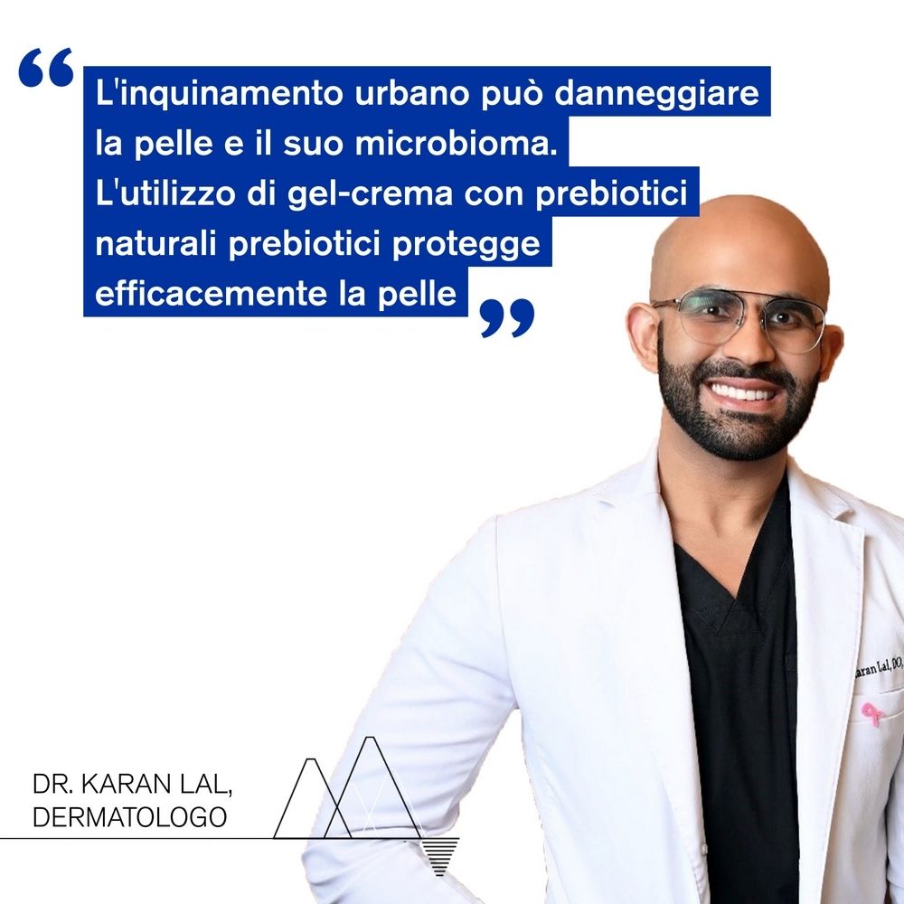 Uomo con occhiali. Citazione: L'inquinamento urbano può danneggiare la pelle. Gel-crema con prebiotici protegge la pelle.