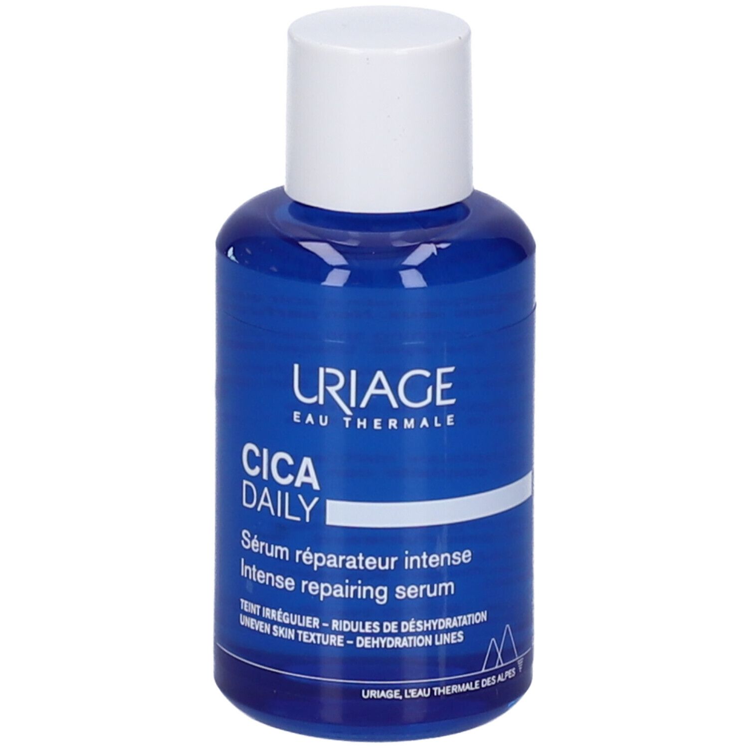 Flacone di siero blu con tappo bianco e contagocce. Scritta: URIAGE, CICA DAILY, Sérum réparateur intense.