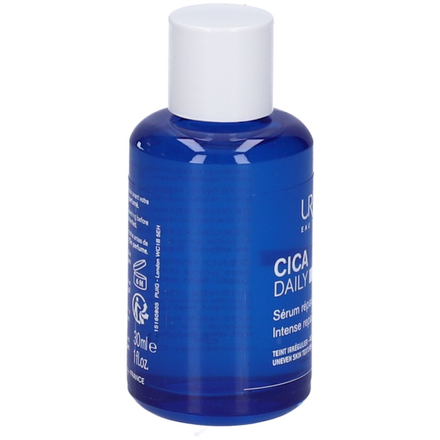 Flacone di siero blu con tappo bianco. Scritta: URIAGE, CICA DAILY, Sérum réparateur intense.