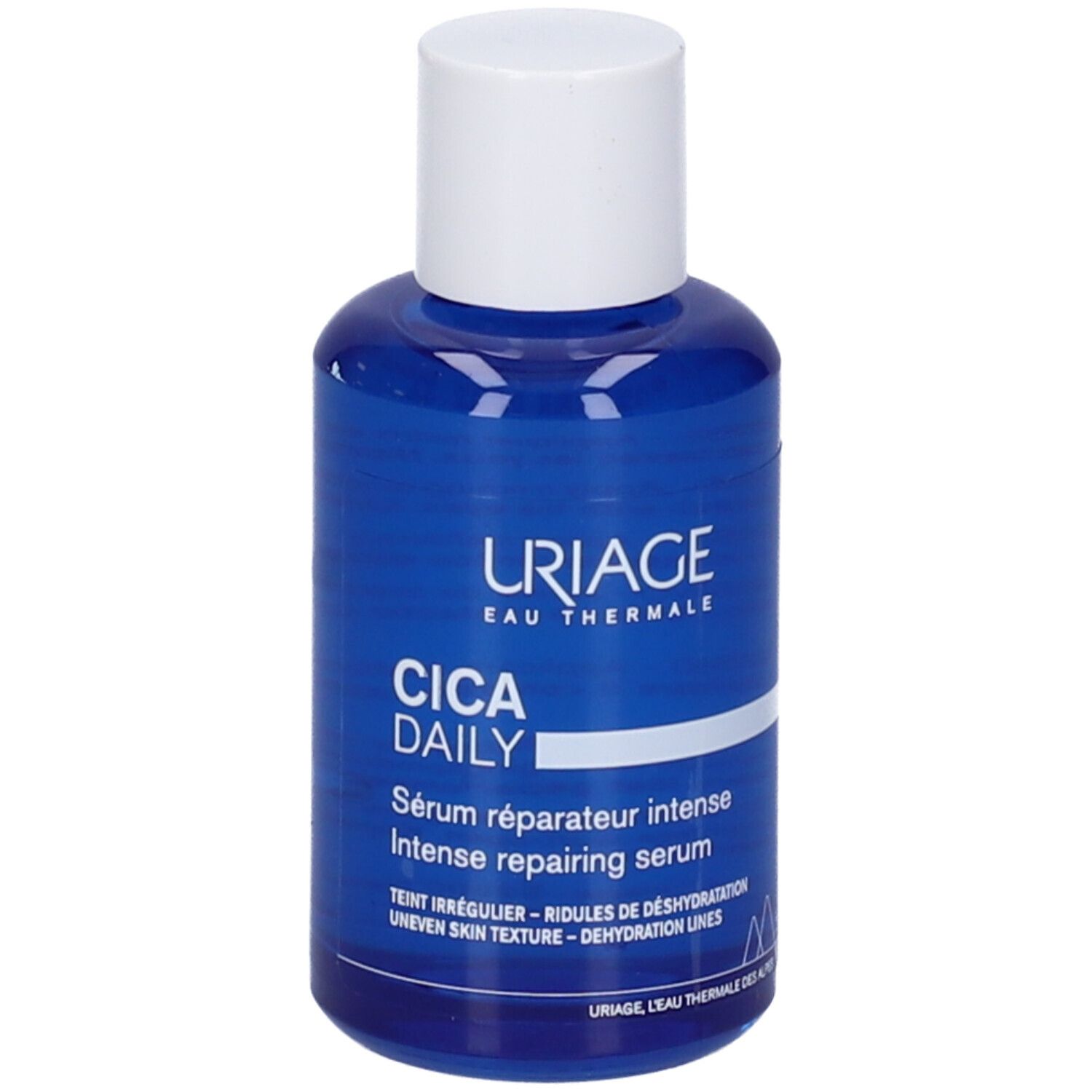 Flacone di siero blu con tappo bianco. Scritta: URIAGE, CICA DAILY, Sérum réparateur intense.