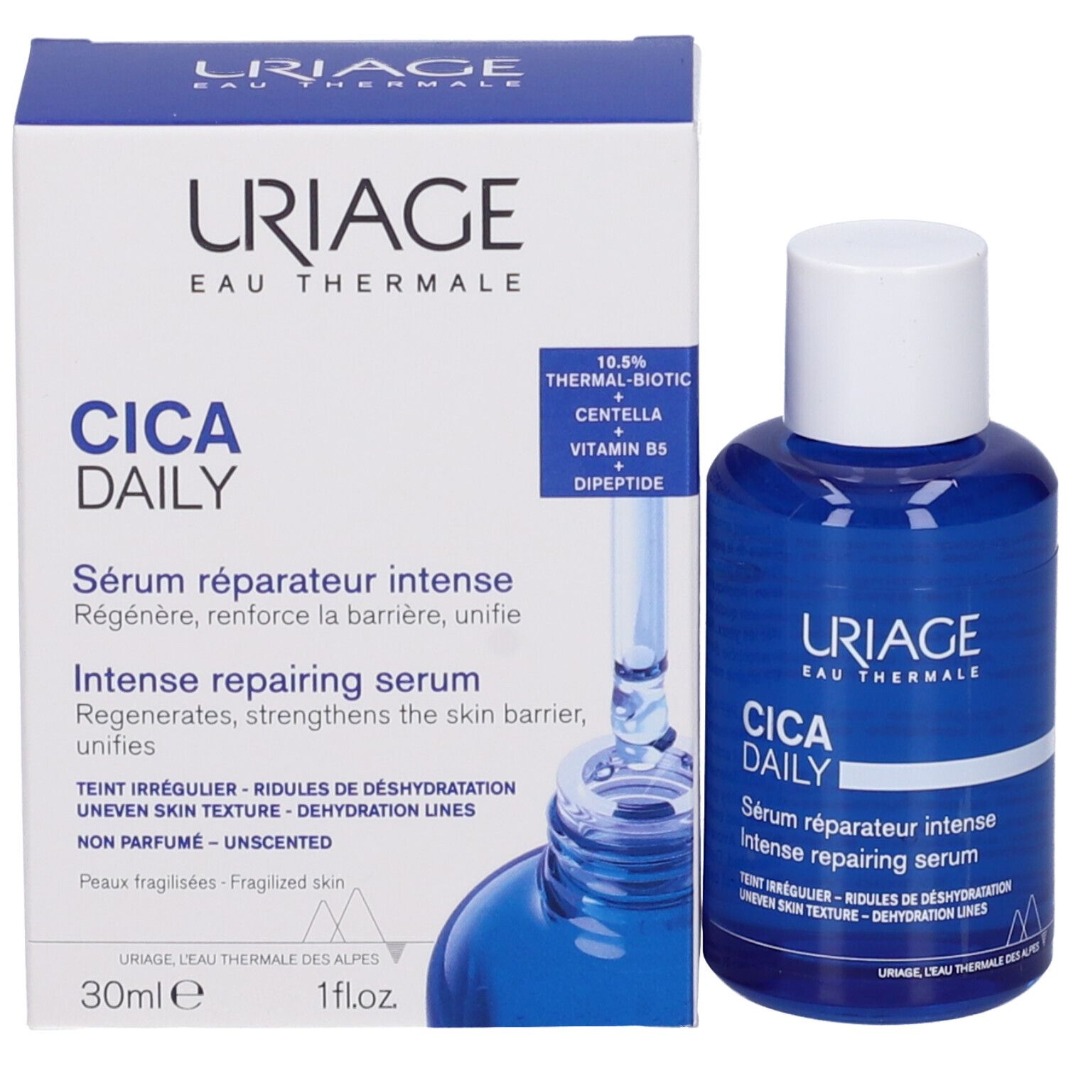 Confezione del prodotto con flacone di siero e contagocce. Scritta: URIAGE, CICA DAILY, Sérum réparateur intense.