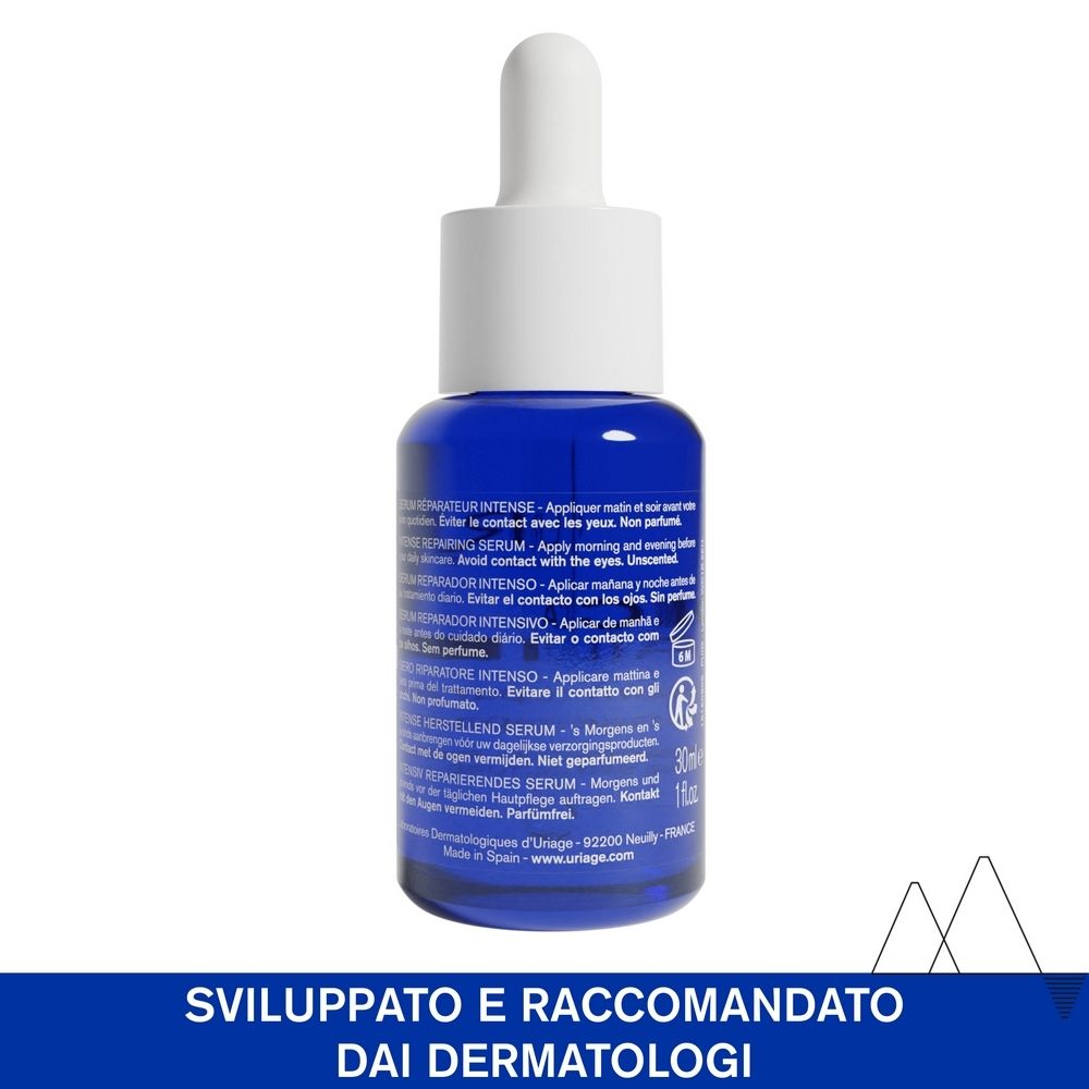 Retro del flacone di siero blu. Testo multilingue. Scritta: URIAGE, 30ml, 1 fl.oz.
