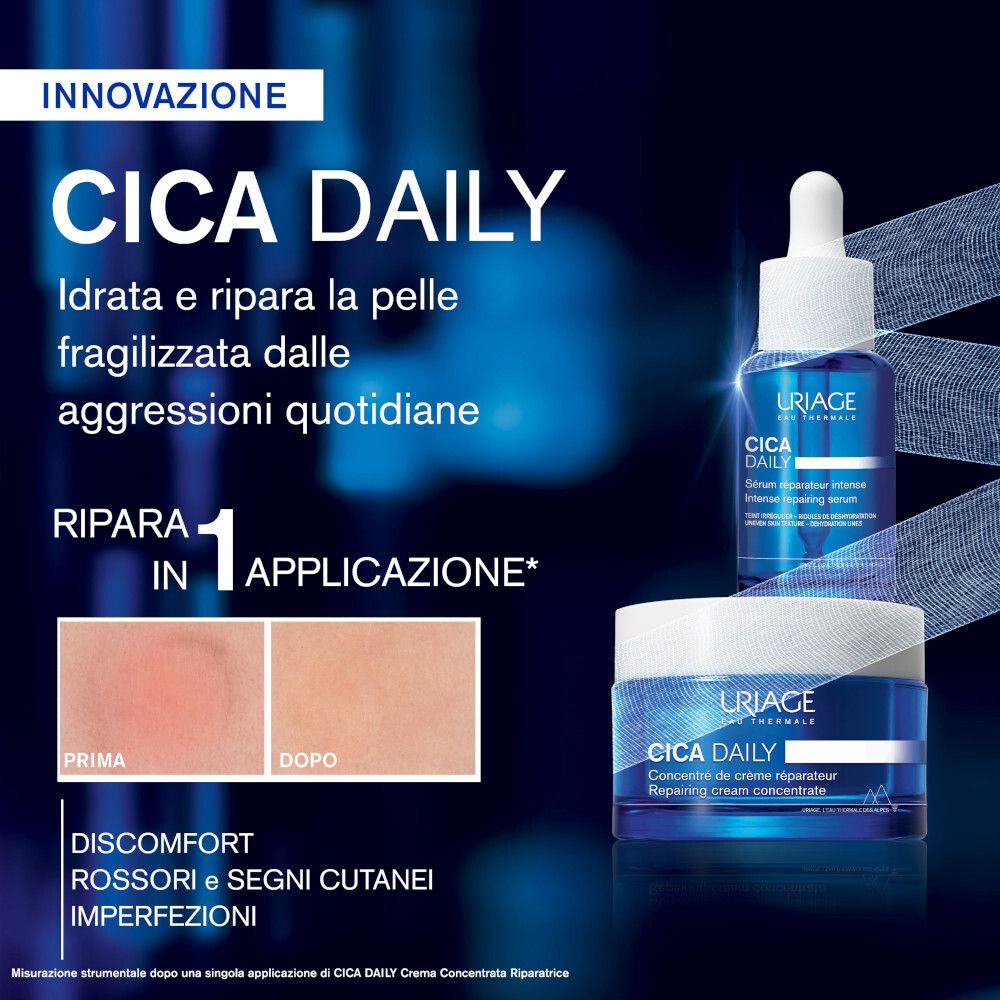 Immagine del prodotto con siero e crema. Testo: CICA DAILY, Idratata e ripara la pelle, Ripara in 1 applicazione.