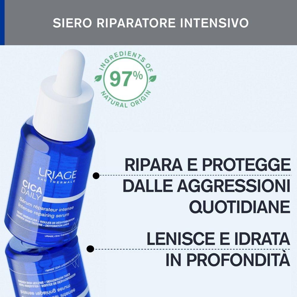 Flacone di siero blu con testo. Testo: CICA DAILY, Ripara e protegge, Lenisce e idrata in profondità, 97% di origine naturale.