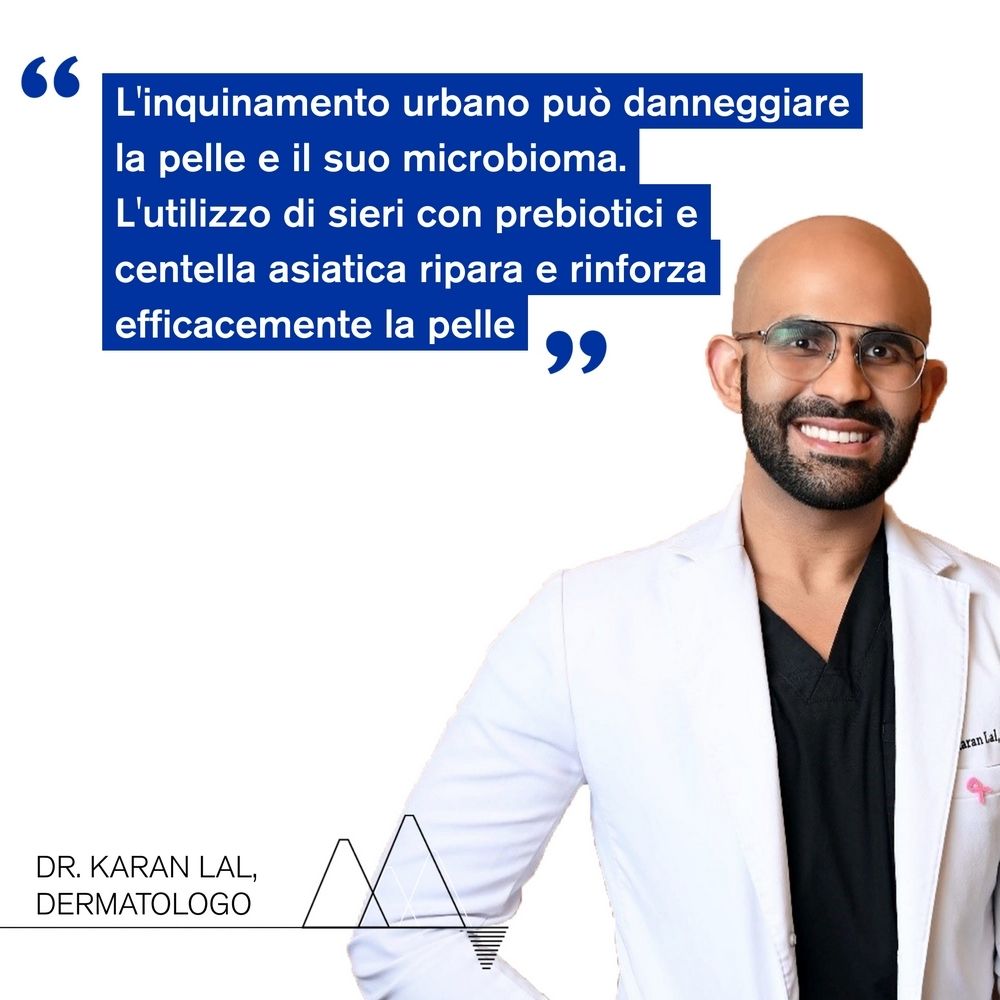 Un medico parla. Testo: L'inquinamento urbano può danneggiare la pelle e il suo microbioma.