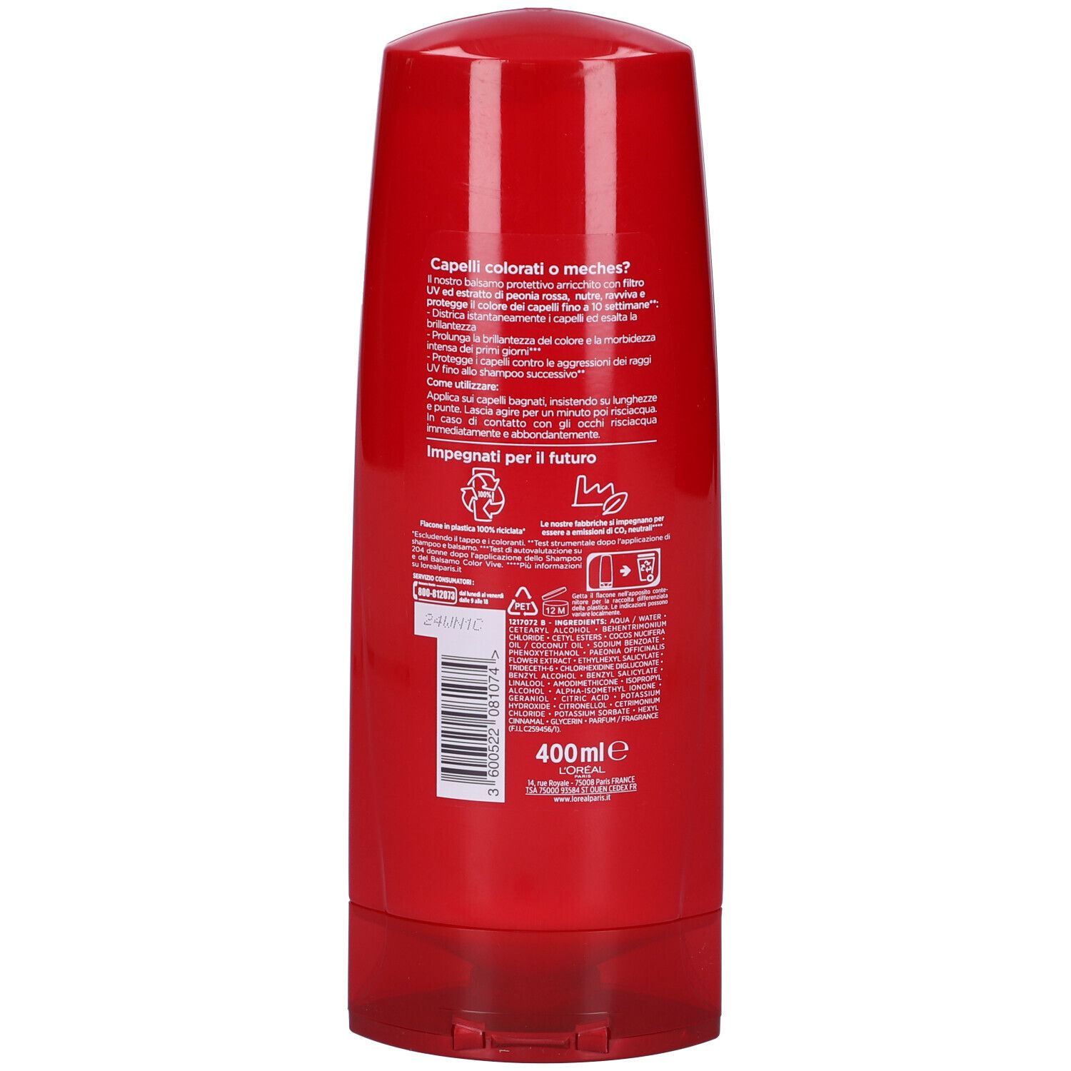 Retro del flacone rosso. Testo e loghi. 400 ml.