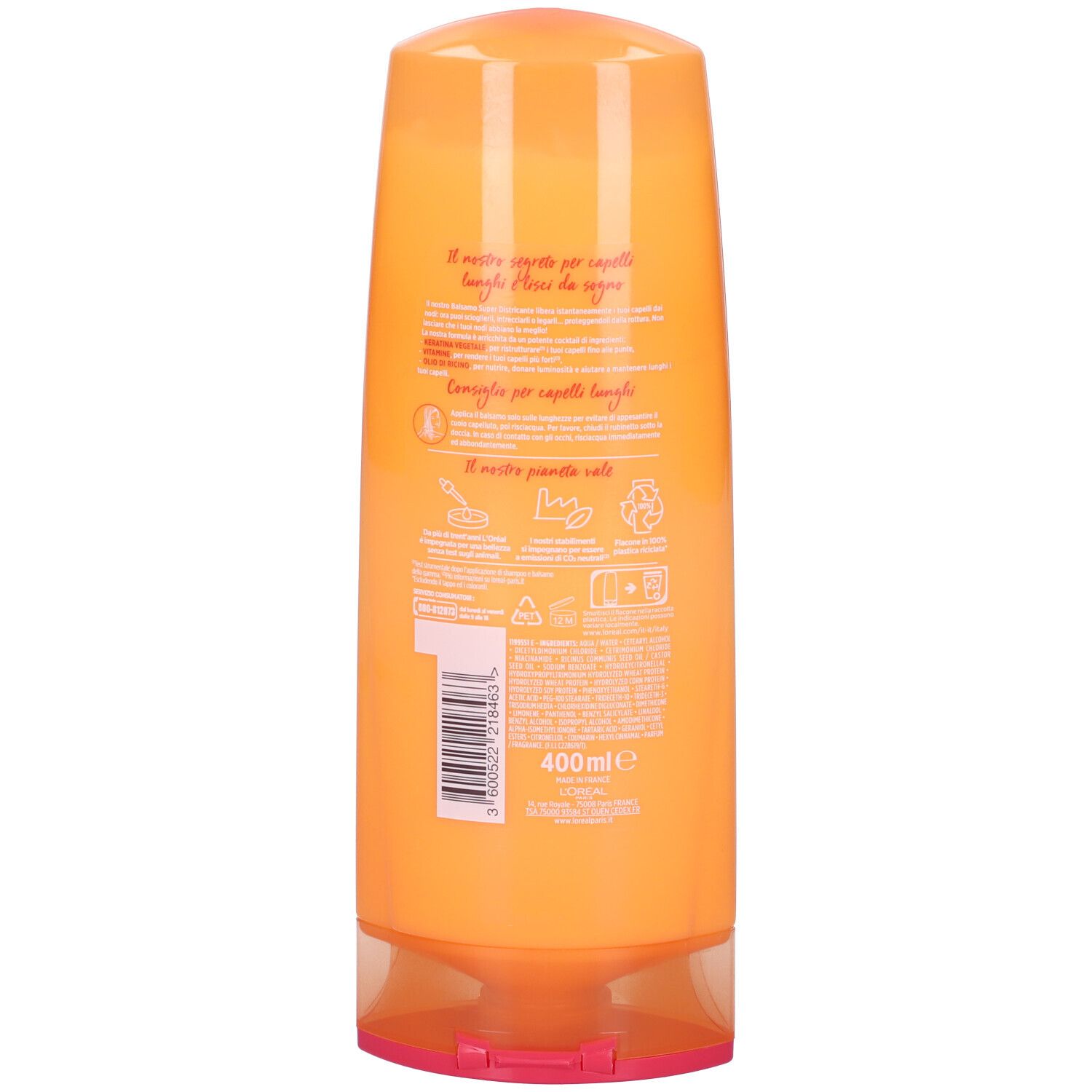 Retro di un flacone arancione. Testo e codice a barre. Nome del prodotto non visibile. 400ml.
