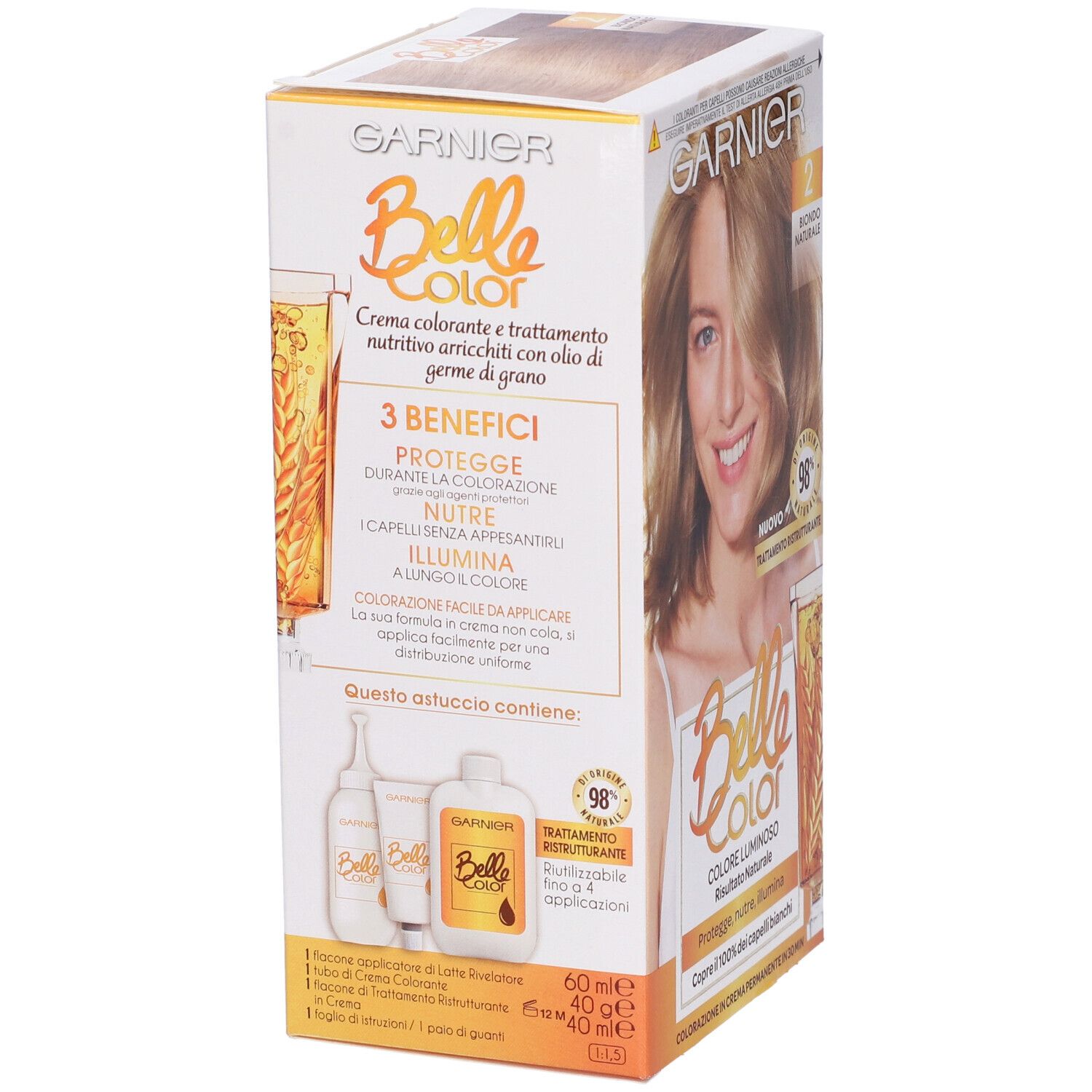 Scatola Garnier Belle Color. Contiene: colorante, rivelatore, applicatore. 3 benefici: protegge, nutre, illumina. Olio di germe di grano.