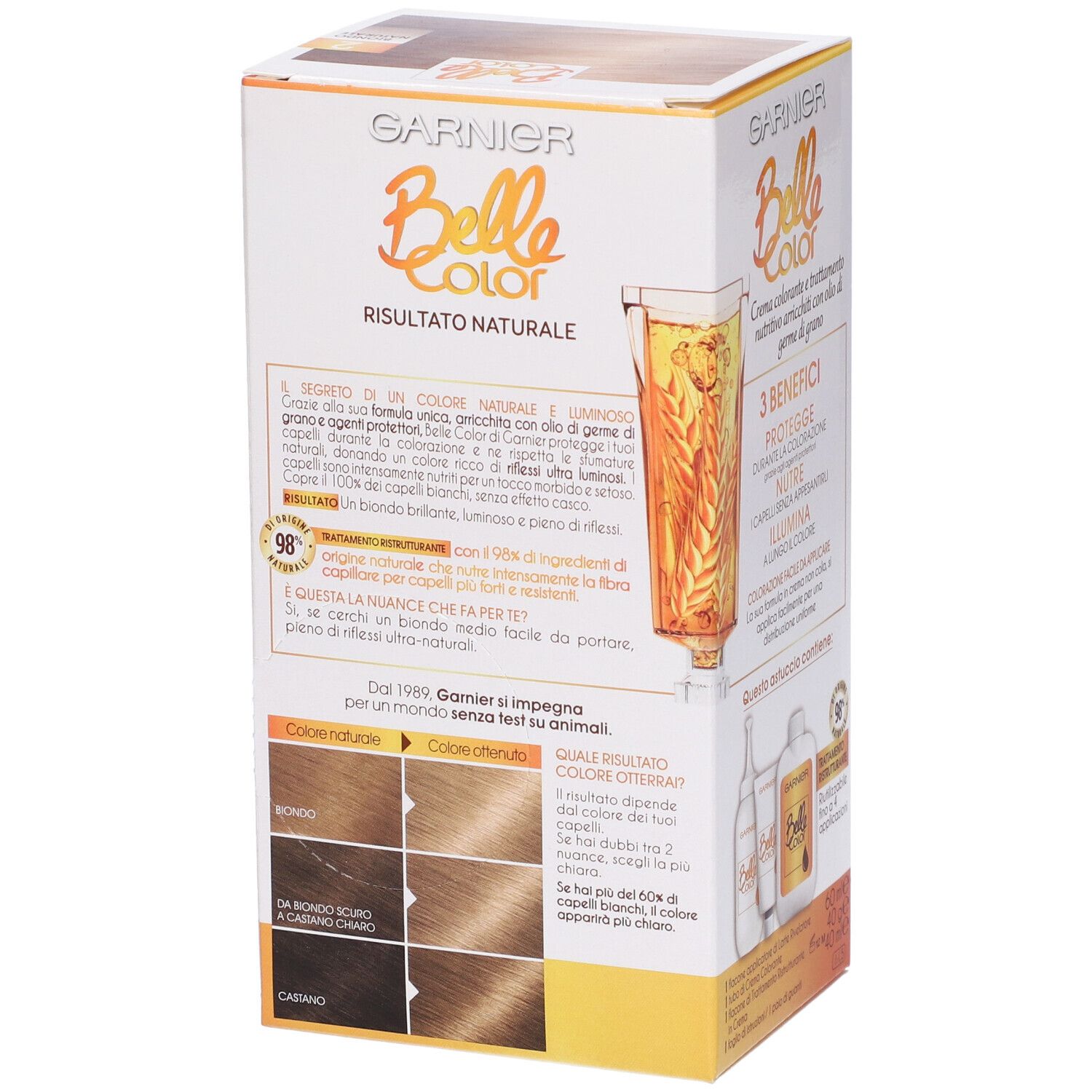 Scatola Garnier Belle Color. Risultato naturale. Tabella colori con esempi. Biondo, biondo scuro, castano. 98% ingredienti naturali.