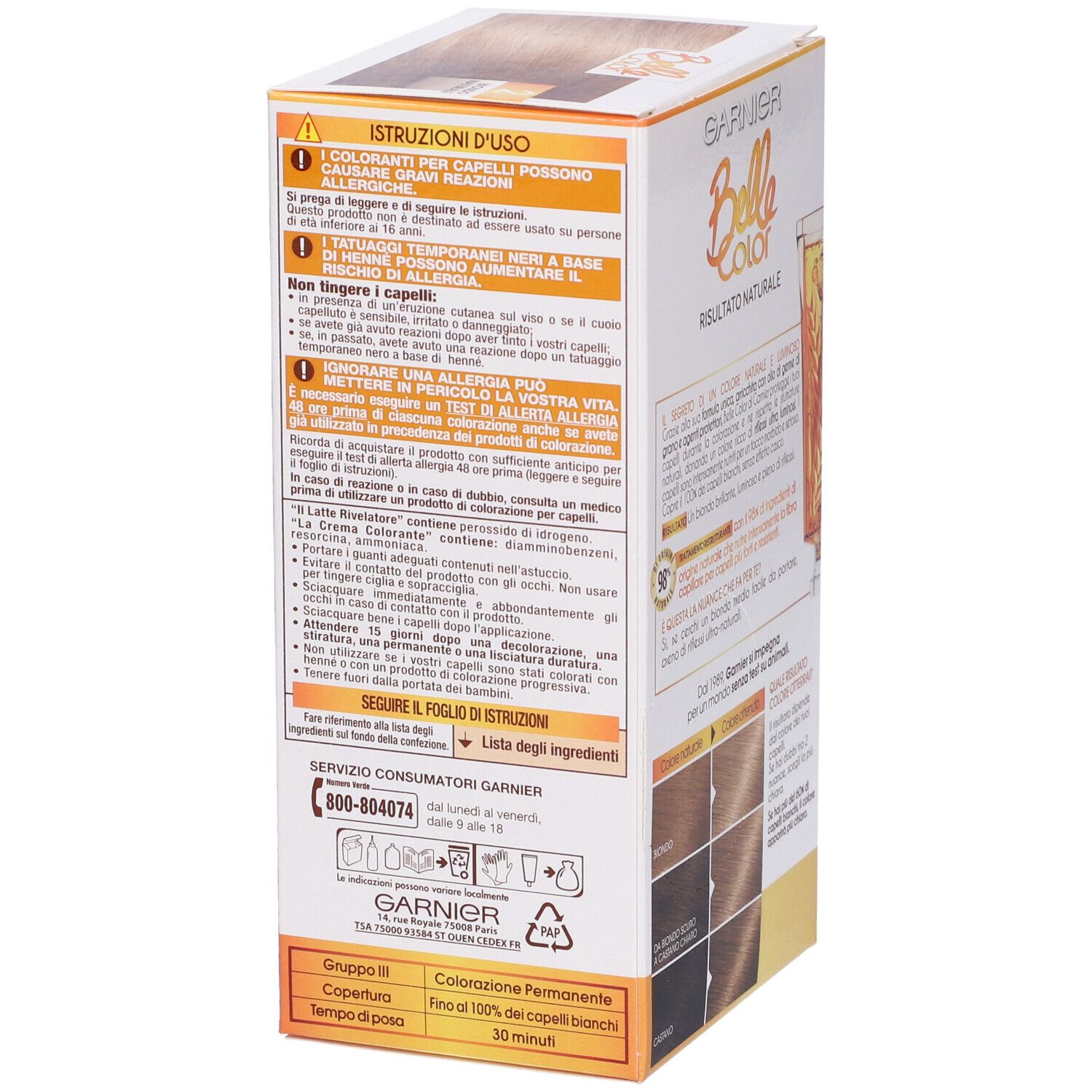 Scatola Garnier Belle Color. Istruzioni per l'uso. Avvertenze. Informazioni di contatto. Gruppo III. Copertura 100%. Tempo di posa 30 min.