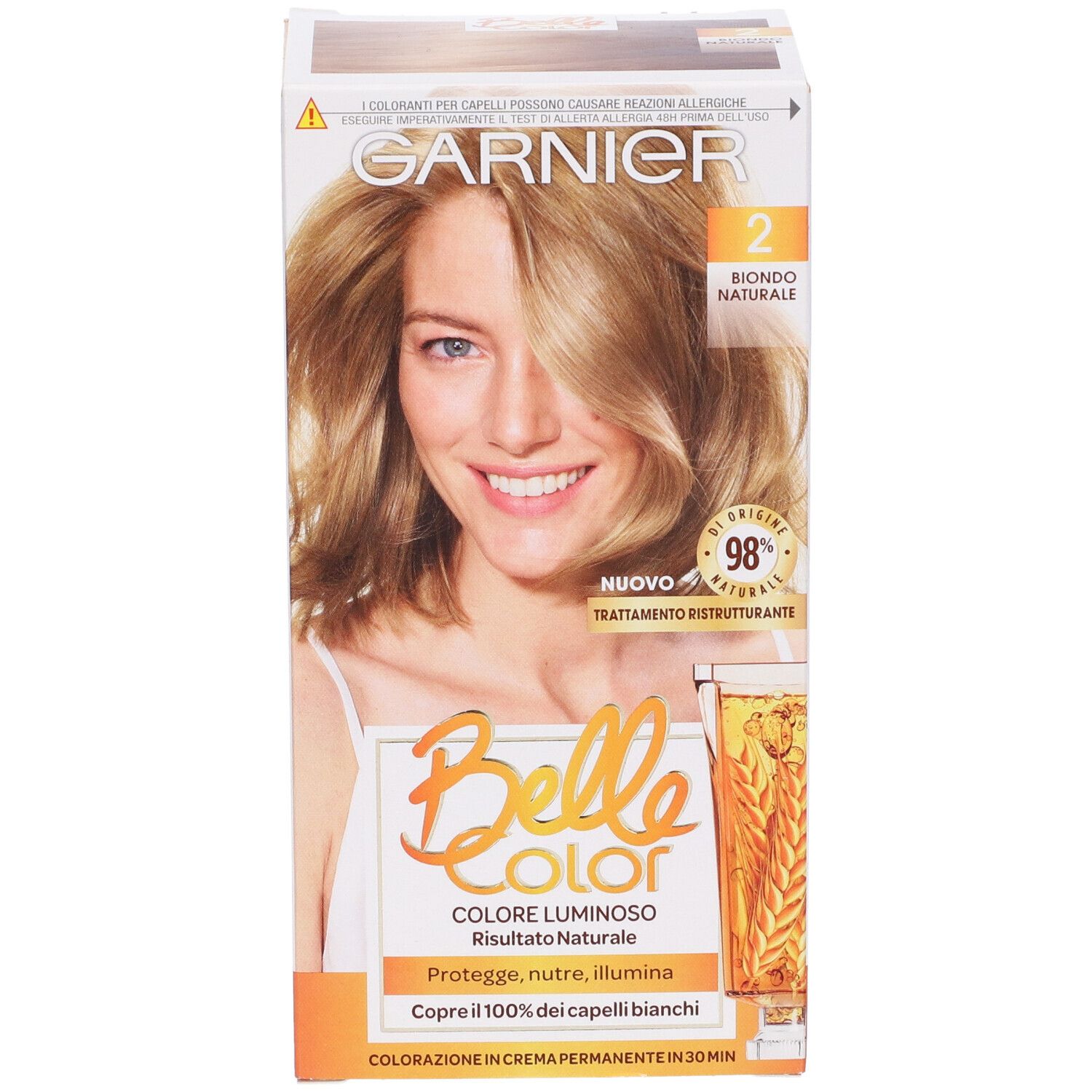 Scatola Garnier Belle Color, Biondo Naturale. Donna bionda. Copre il 100% dei capelli bianchi. 98% ingredienti naturali.