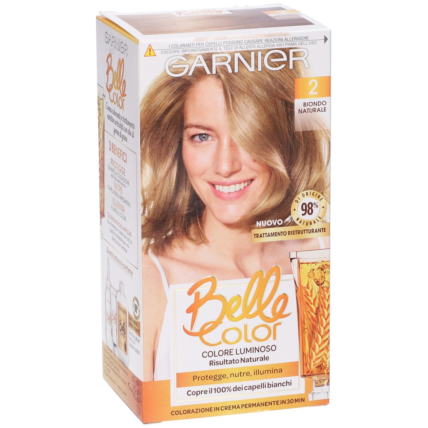 Scatola Garnier Belle Color, Biondo Naturale. Donna bionda. Copre il 100% dei capelli bianchi. 98% ingredienti naturali.