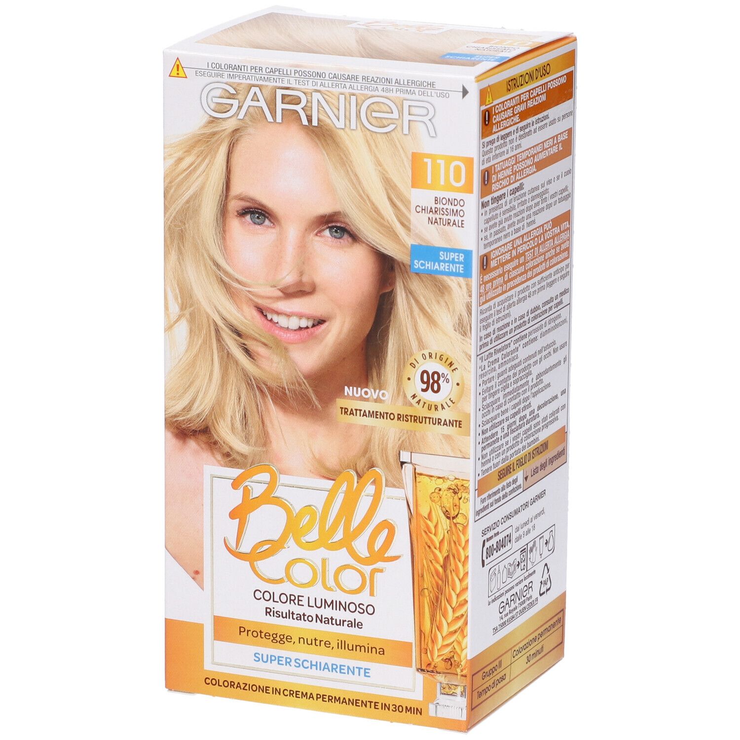 Scatola tinta per capelli Garnier Belle Color, Biondo Chiarissimo Naturale. Donna bionda. Informazioni prodotto.