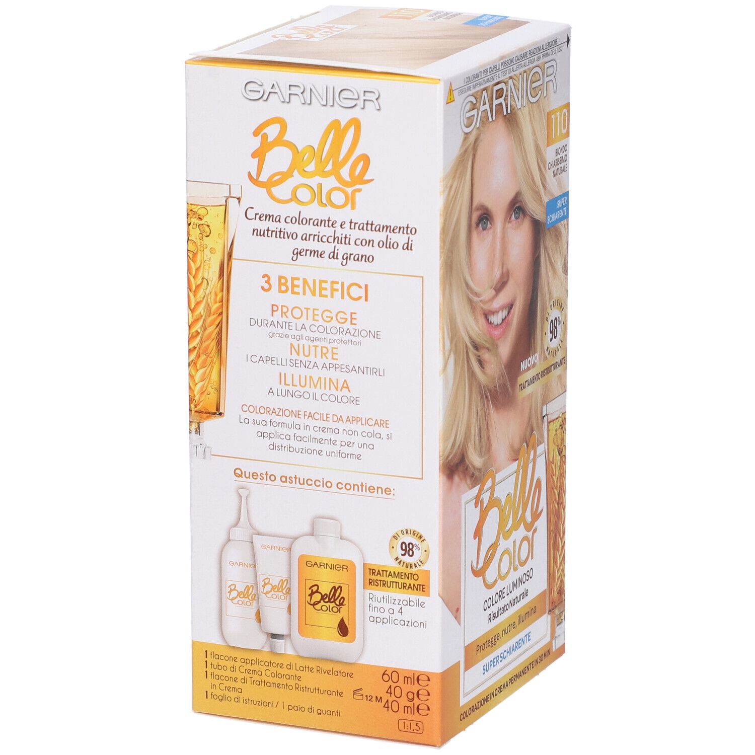 Scatola tinta Garnier Belle Color. Contiene crema, flaconi applicatori. 3 benefici: protegge, nutre, illumina.