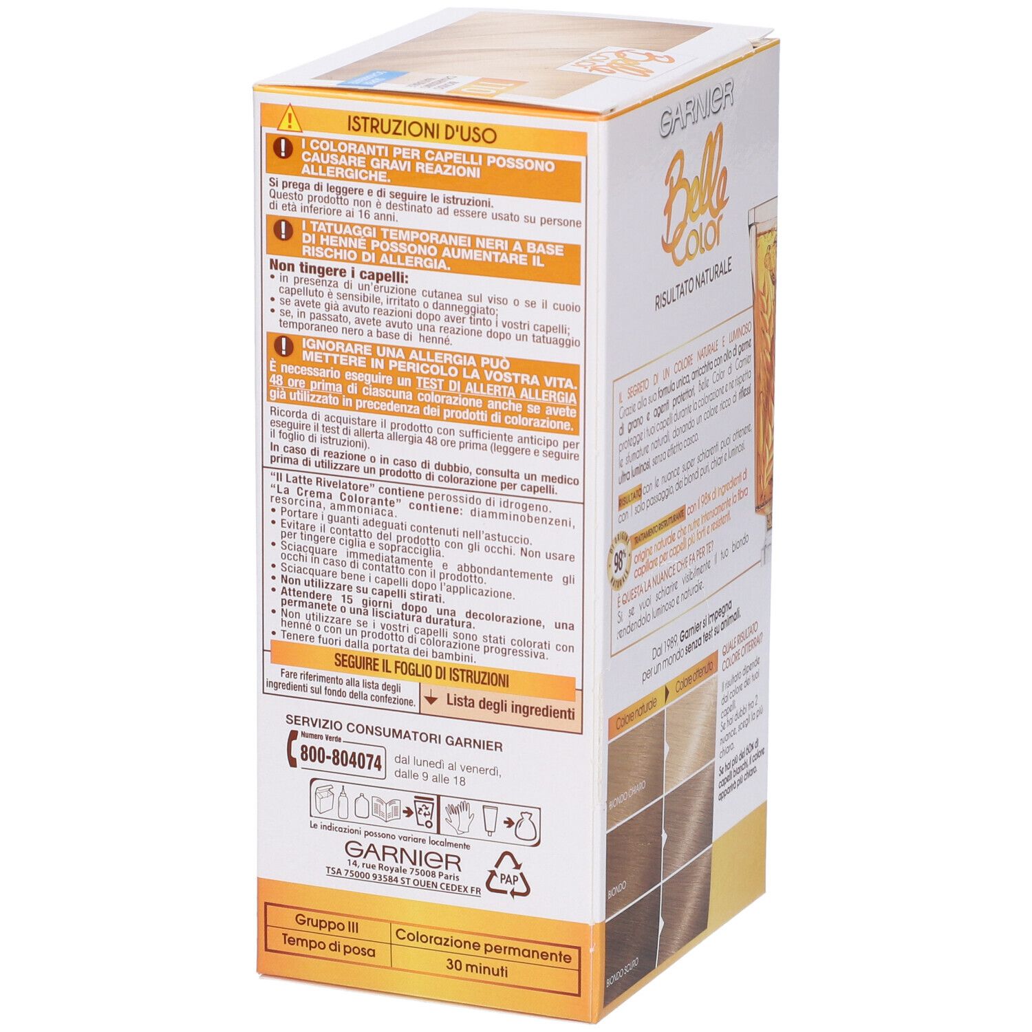 Scatola Garnier Belle Color. Istruzioni per allergie. Ingredienti. Contatti. Tabella colori.