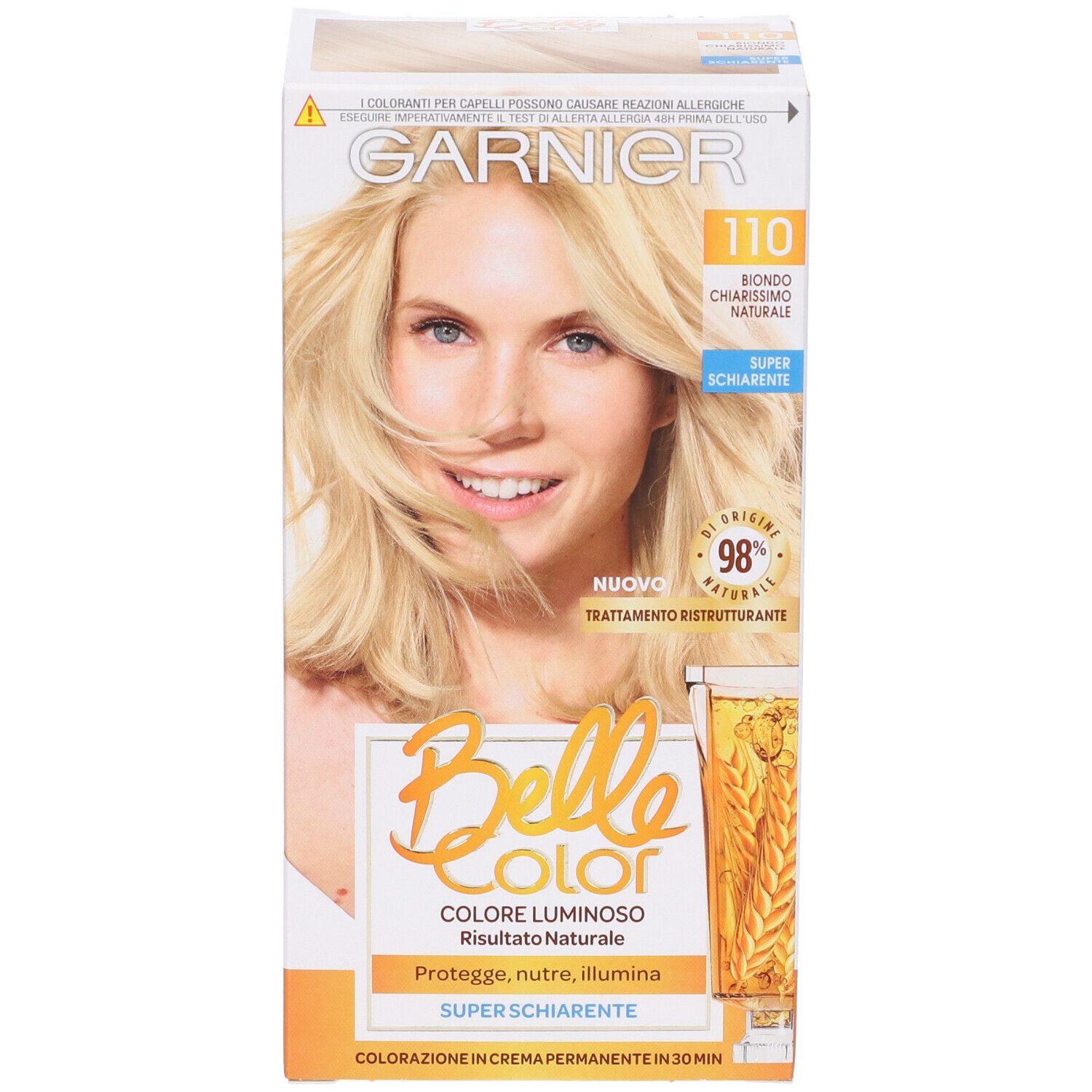 Scatola Garnier Belle Color. Donna bionda. Informazioni prodotto. Biondo Chiarissimo Naturale. Super schiarente.