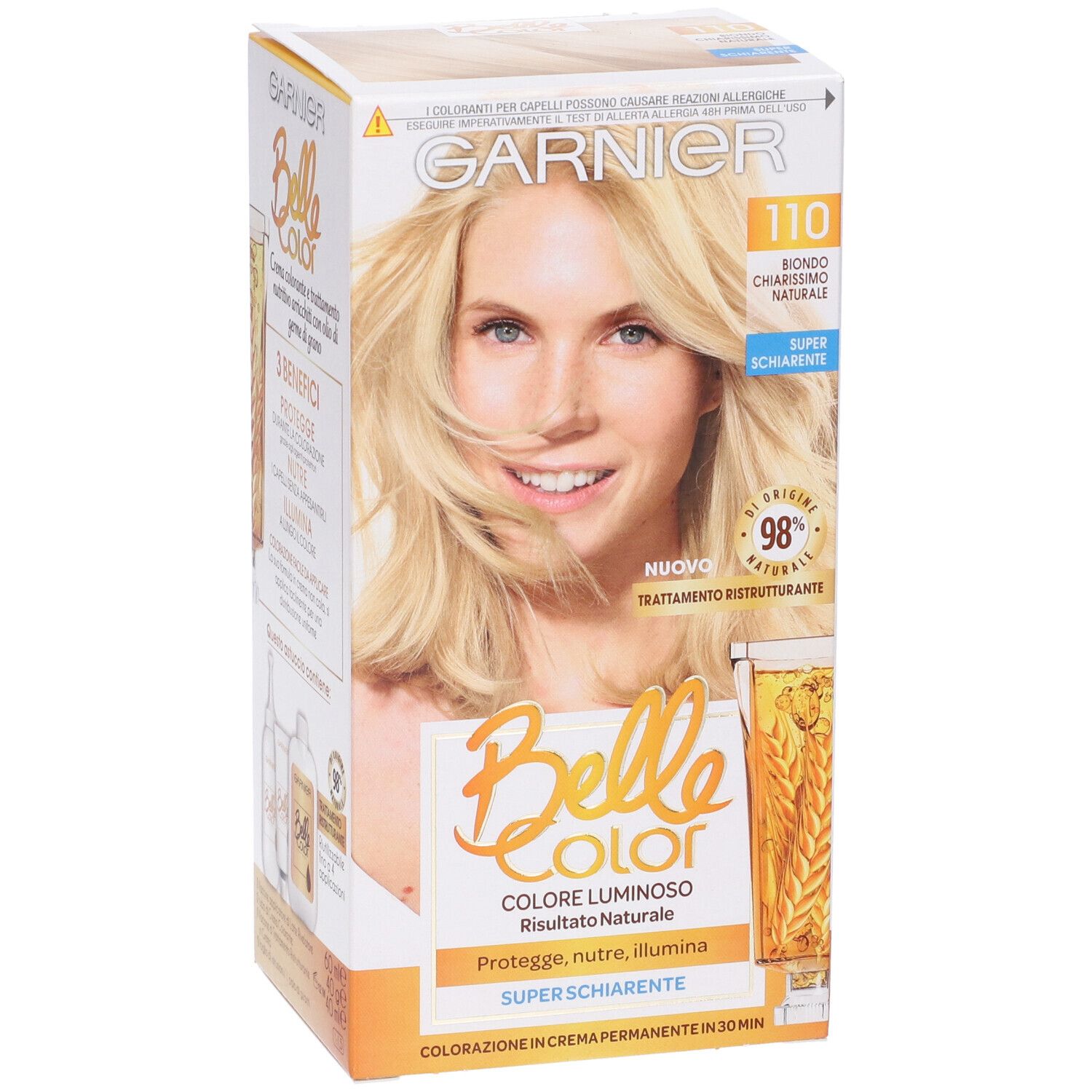 Scatola Garnier Belle Color. Donna bionda. Informazioni prodotto. Biondo Chiarissimo Naturale. Super schiarente.