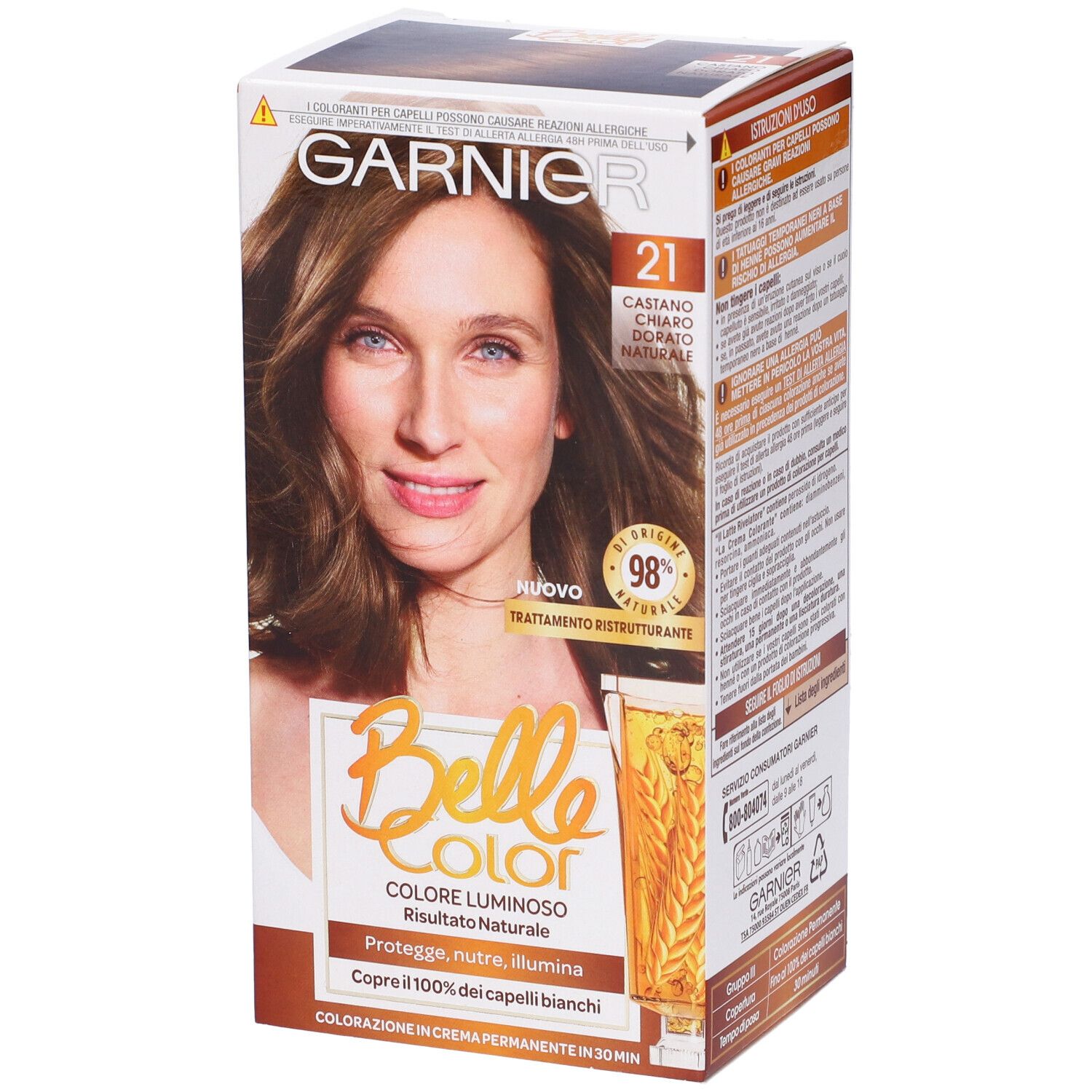 Image of Garnier Tinta Capelli Belle Color, Colore Luminoso e Riflessi Naturali, Copre il 100% dei capelli bianchi, Castano Chiaro Dorato Naturale